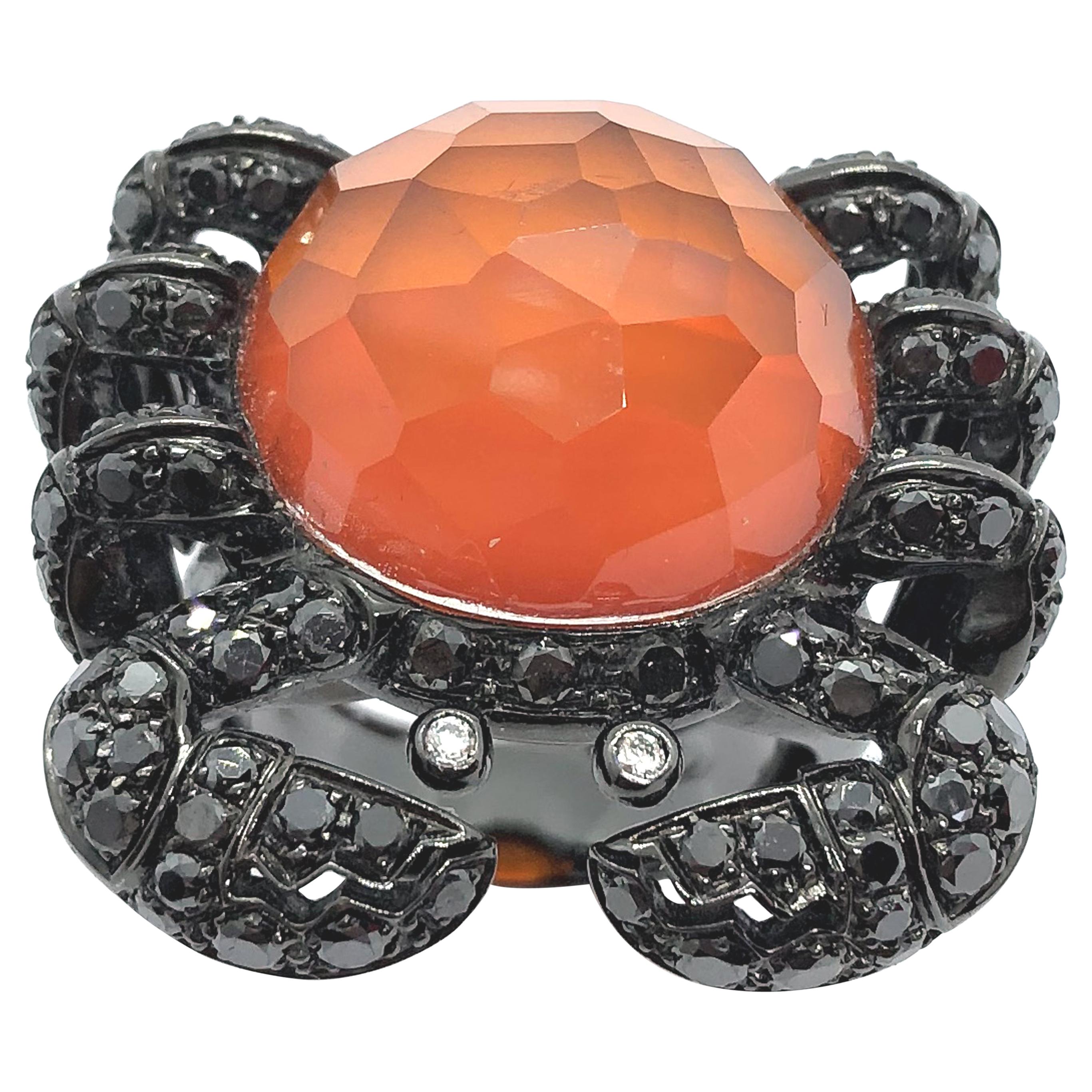Black Diamonds and 17.85 Carat Orange Cornelian White Gold Crab Cocktail Ring For Sale
