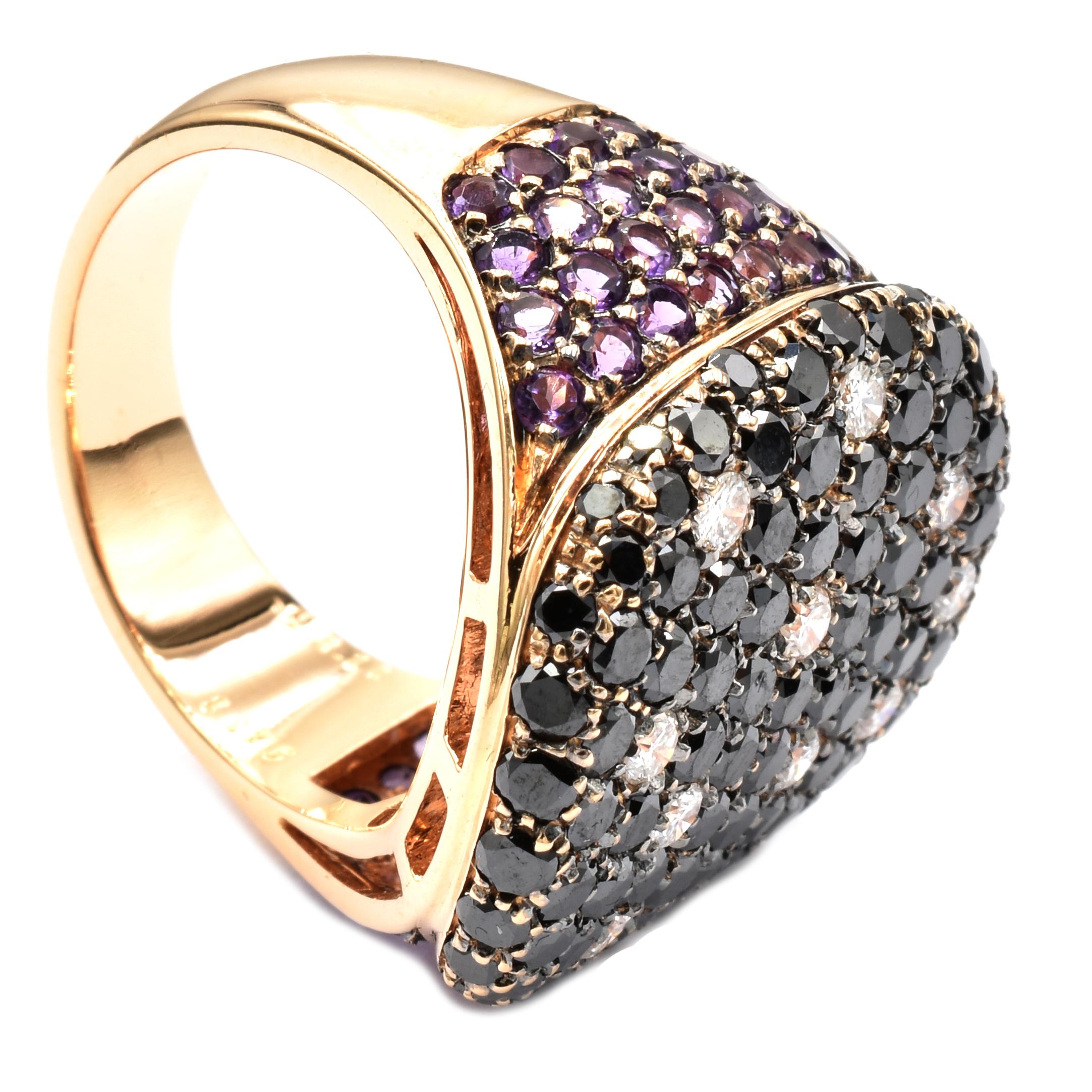 Gilberto Cassola Black Diamonds and Amethyst Rose Gold Ring Made in Italy For Sale 1