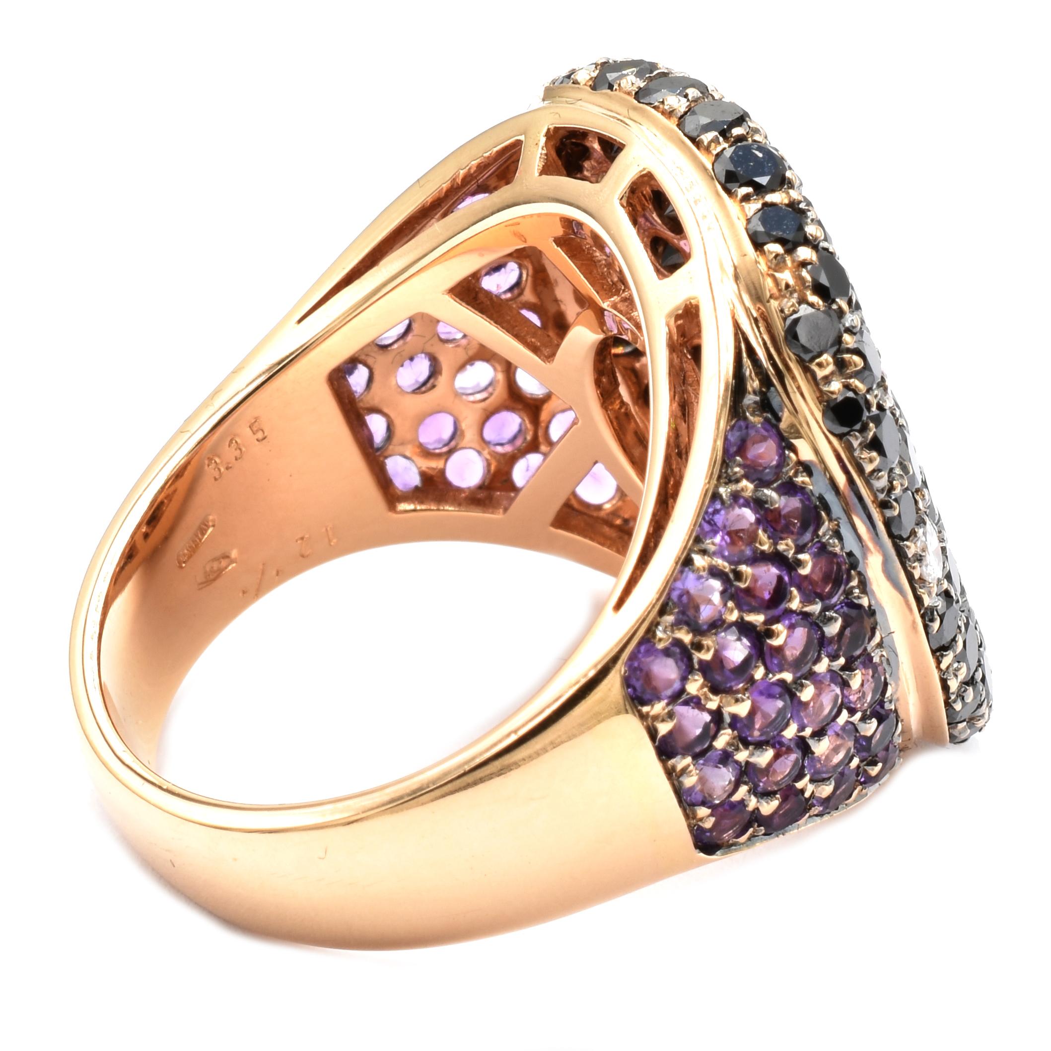 Contemporary Gilberto Cassola Black Diamonds and Amethyst Rose Gold Ring Made in Italy For Sale