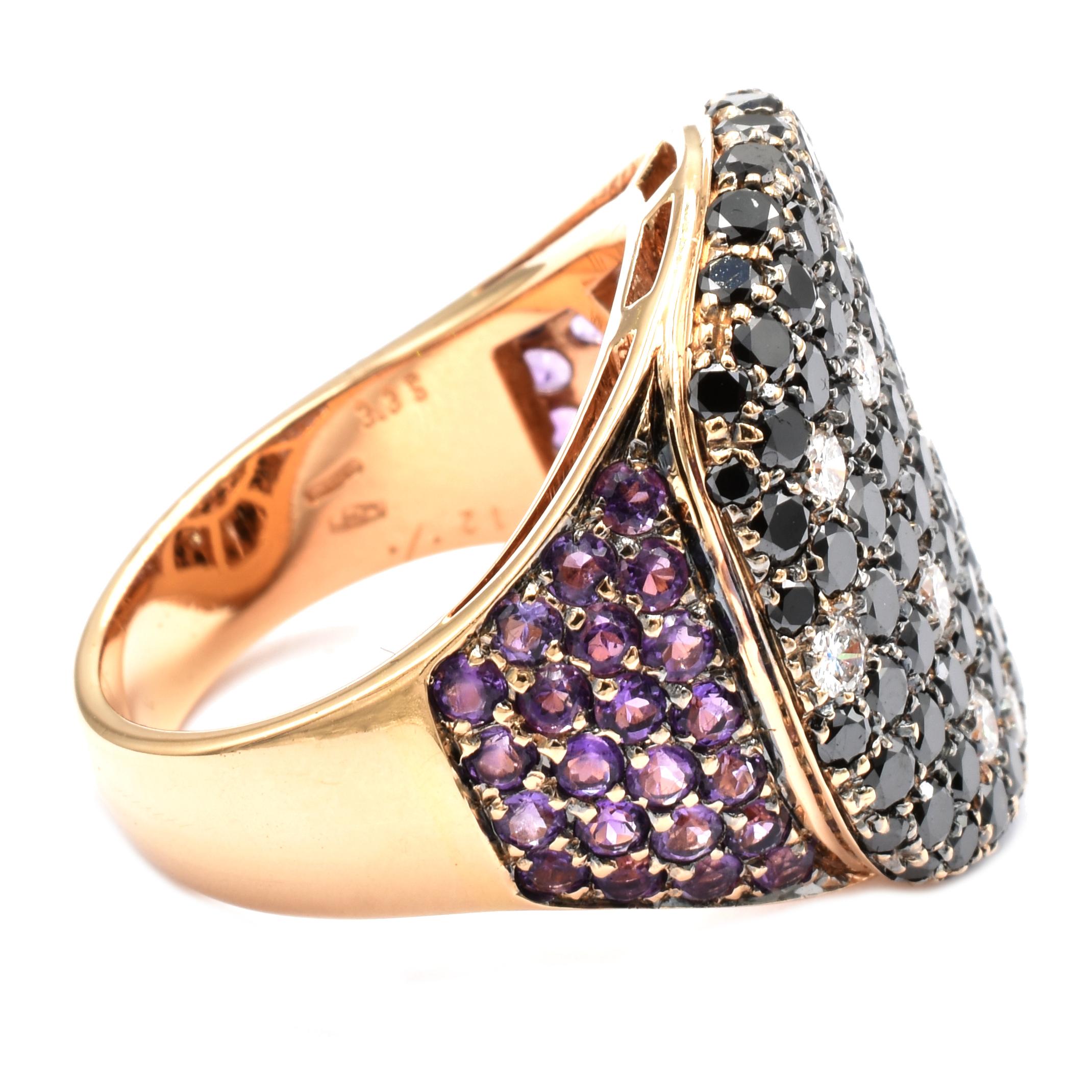 Round Cut Gilberto Cassola Black Diamonds and Amethyst Rose Gold Ring Made in Italy For Sale