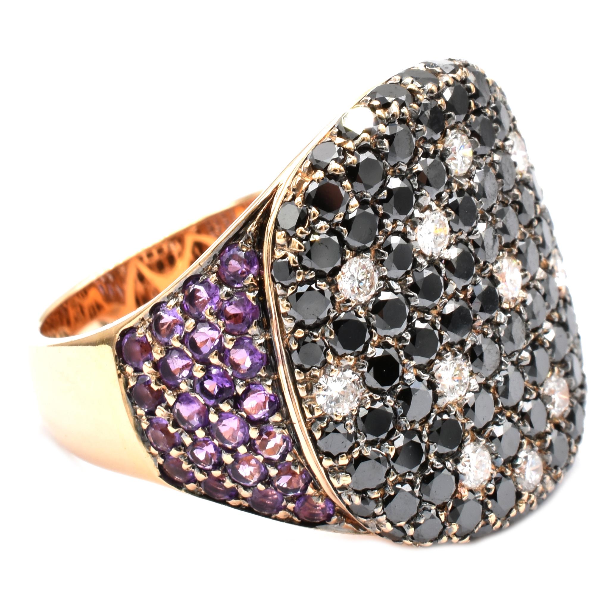 Gilberto Cassola Black Diamonds and Amethyst Rose Gold Ring Made in Italy In New Condition For Sale In Valenza, AL