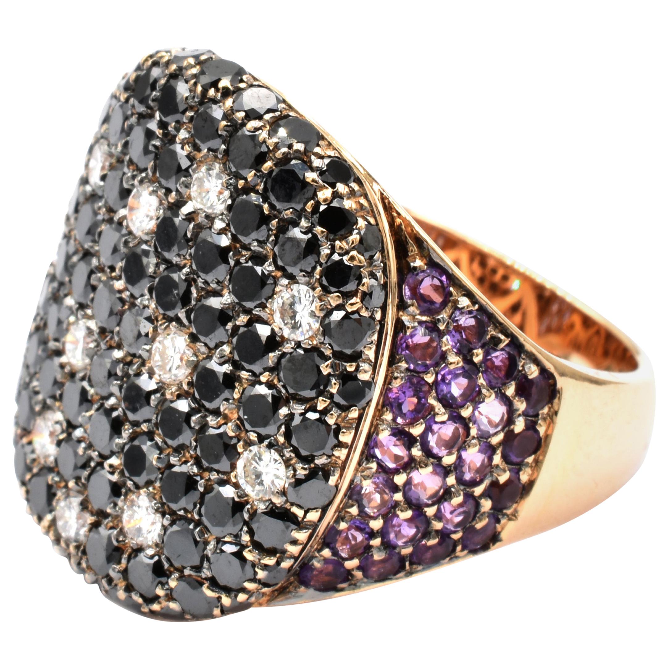 Gilberto Cassola Black Diamonds and Amethyst Rose Gold Ring Made in Italy For Sale