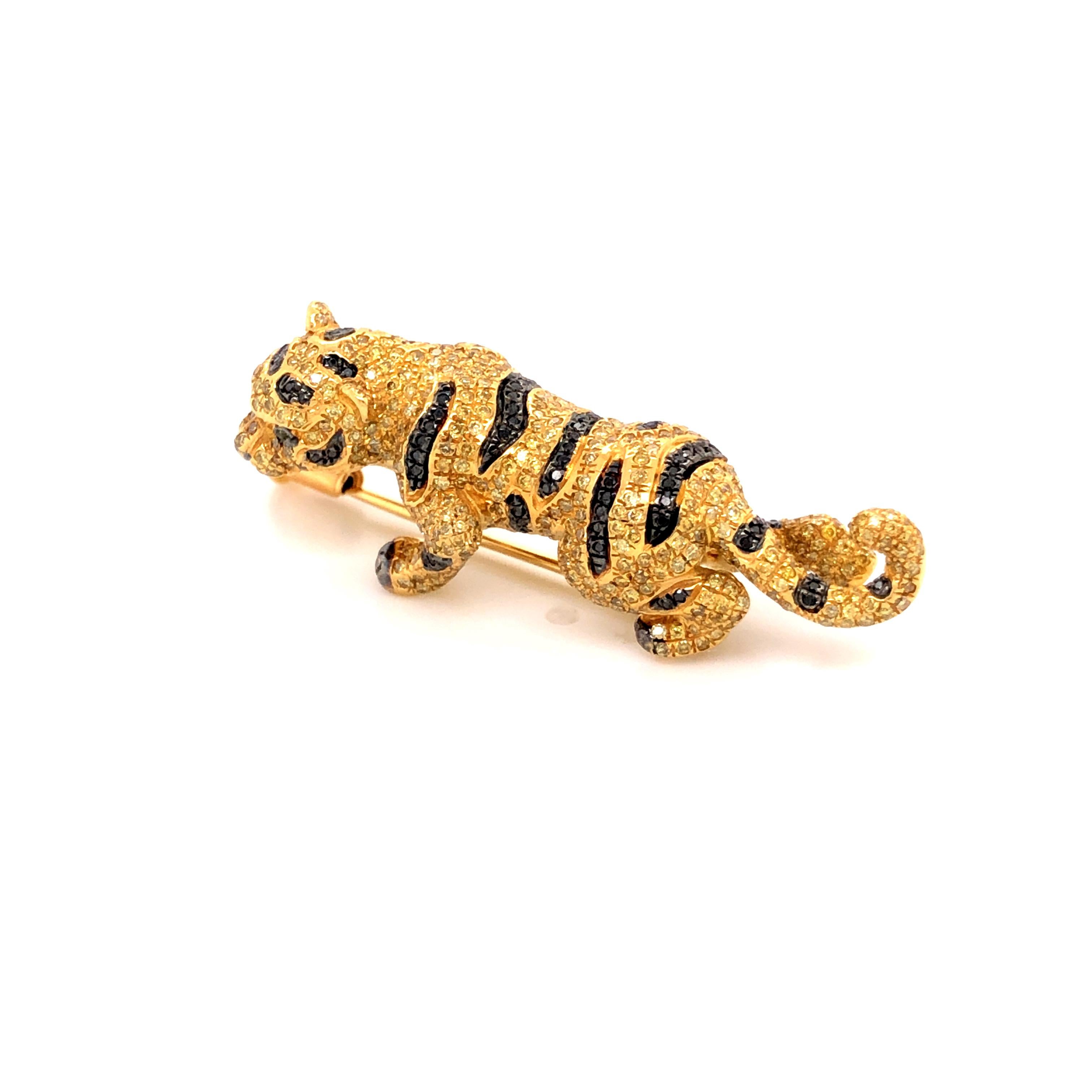 Round Cut Black Diamonds and Fancy Coloured Diamonds Leaping Tigress Brooch For Sale