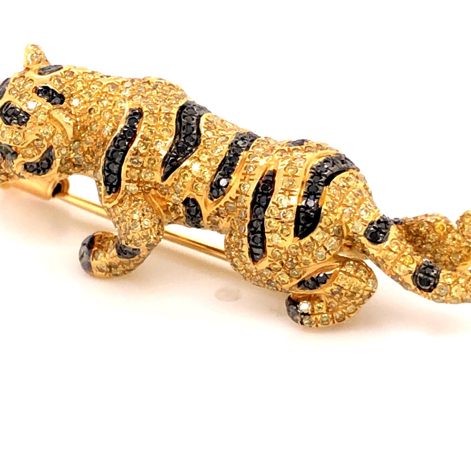 Women's Black Diamonds and Fancy Coloured Diamonds Leaping Tigress Brooch For Sale