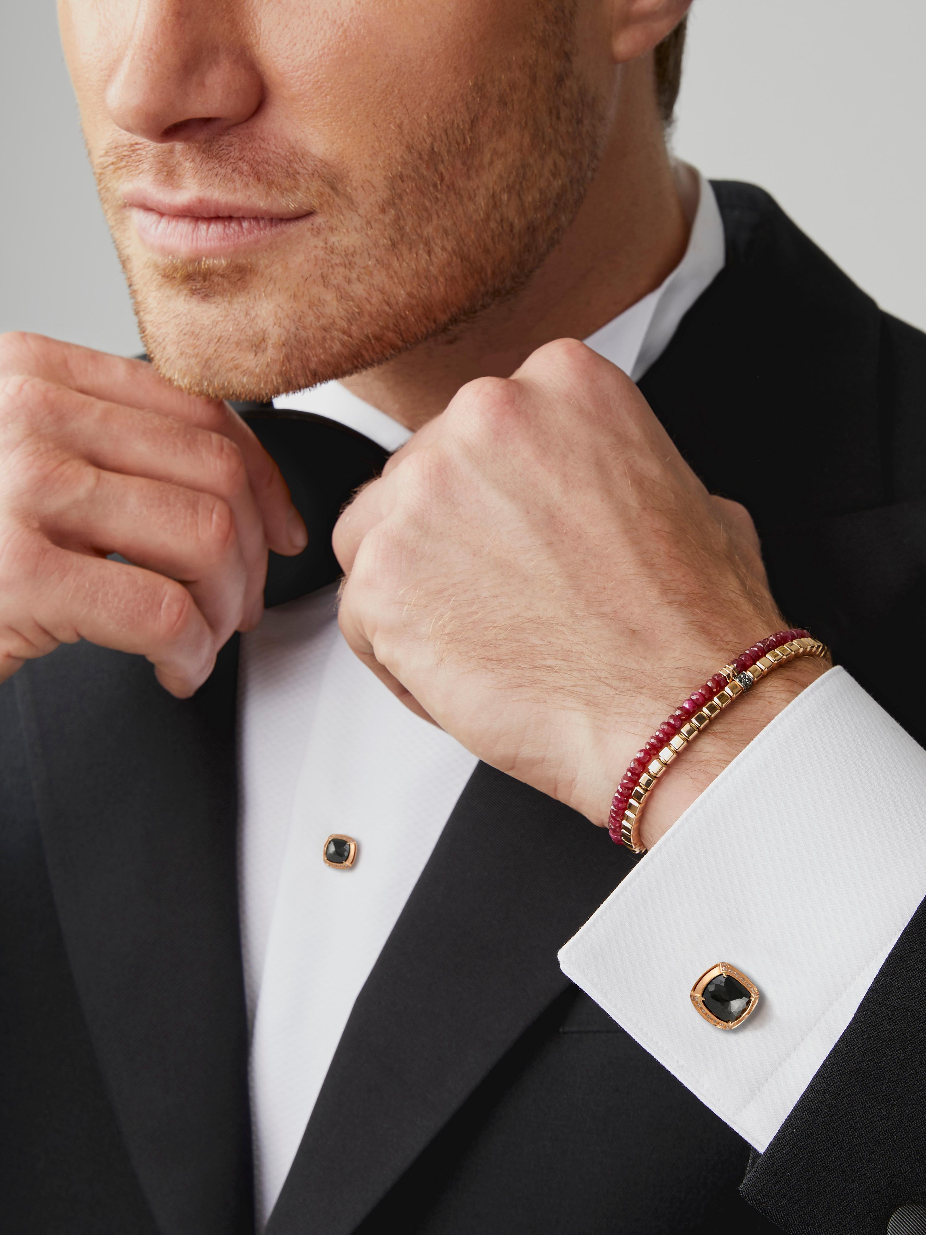 da uomo o donna Gemelli e borchie per camicia con diamanti bianchi e neri in oro rosa 18 carati in vendita