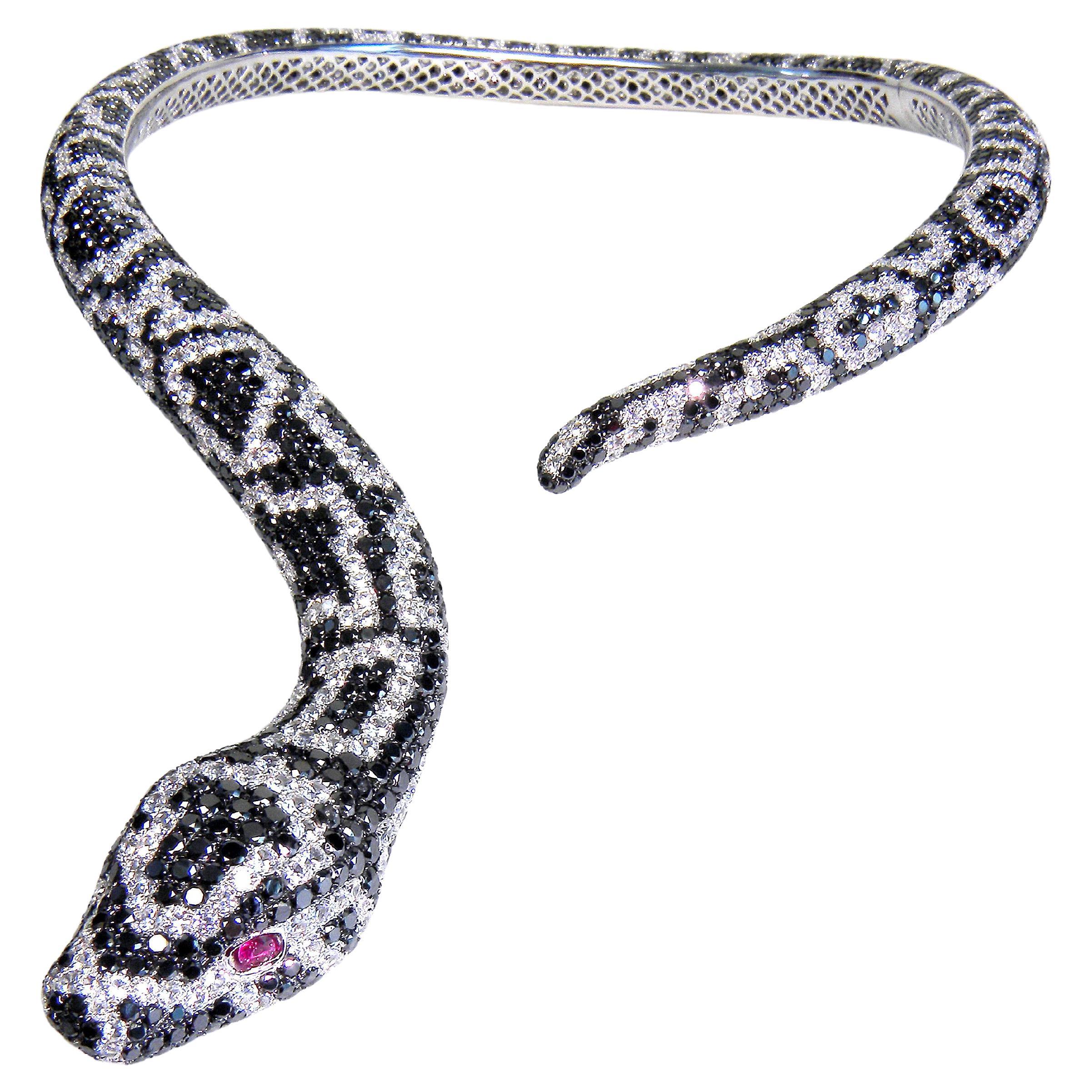 Black Diamonds Colourless Sapphire and Rubi Serpenti in 18k White Gold Necklace For Sale