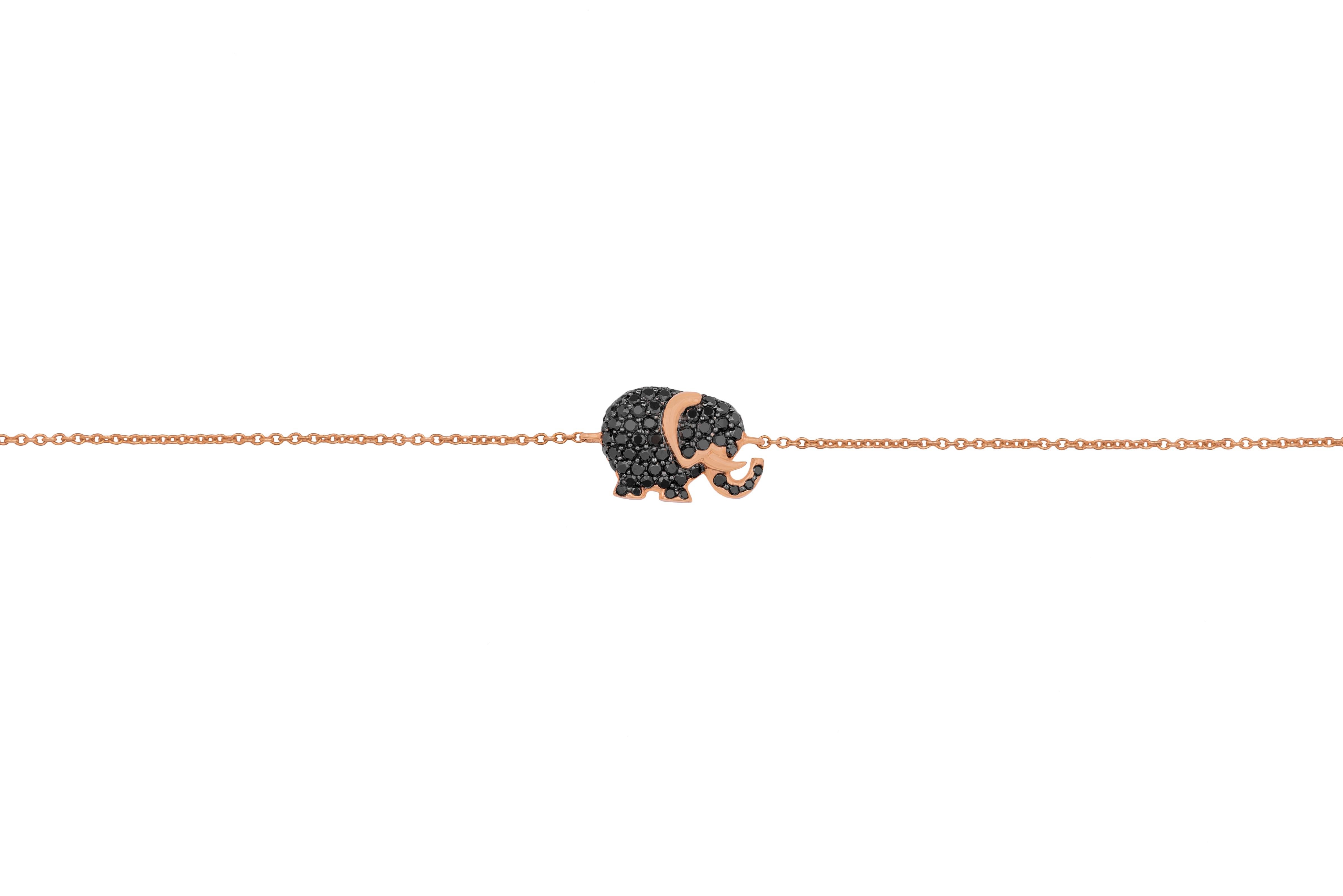 This lovely 18K rose gold and black diamonds bracelet is made in Italy by Fanuele Gioielli.
It features a black brilliant cut diamonds elephant in centre.
Two rings at the end of the chain allow to adjust it to different lengths.

Black diamonds