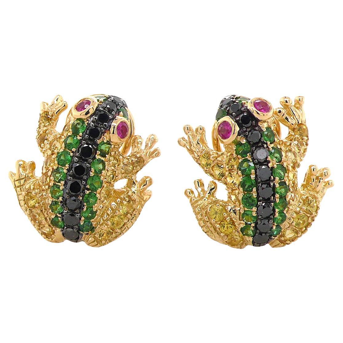 Diamanti neri, granato verde e zaffiro giallo Orecchini a forma di rana in oro giallo in vendita