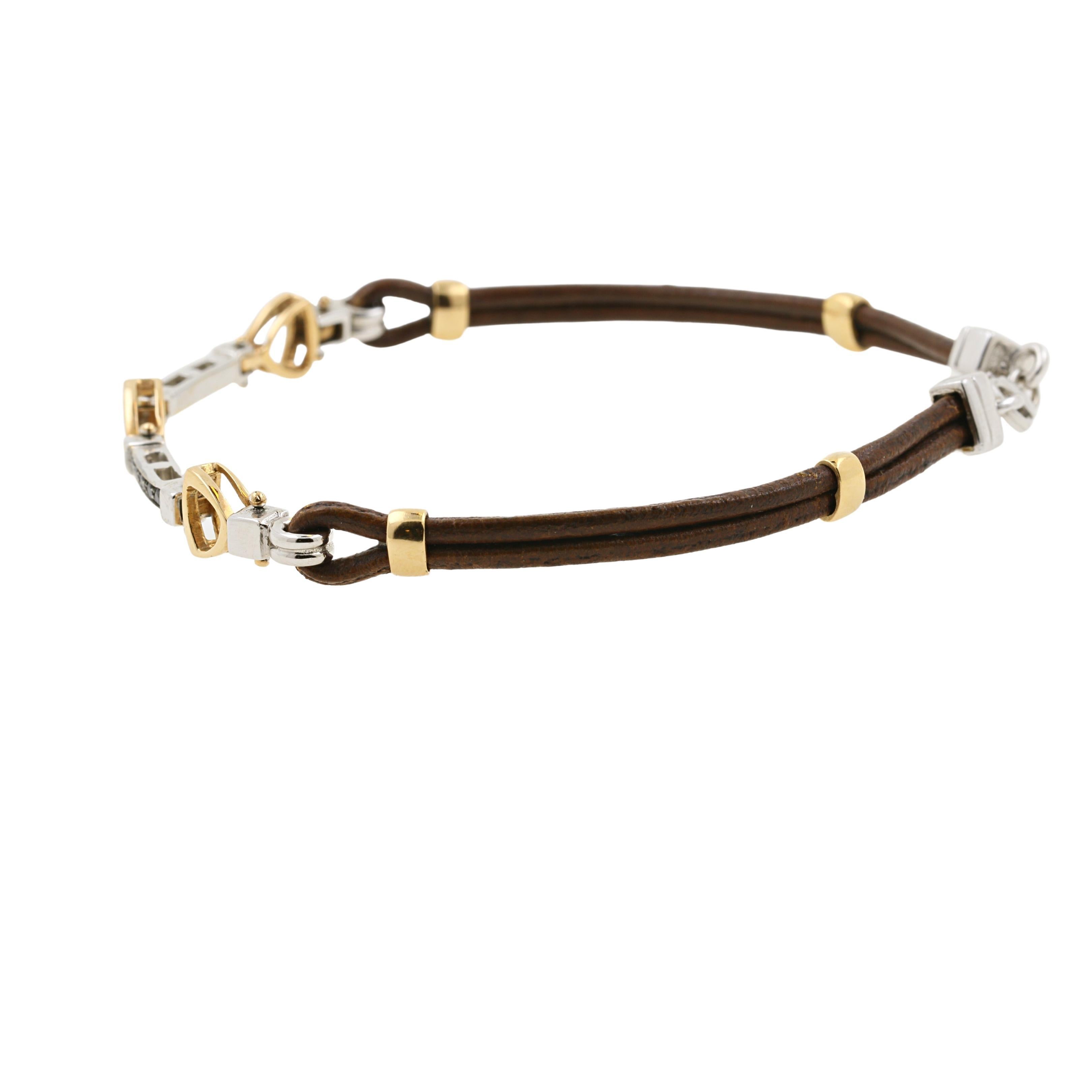 Contemporary Black Diamonds on 18 Karat Gold and Leather Bracelet