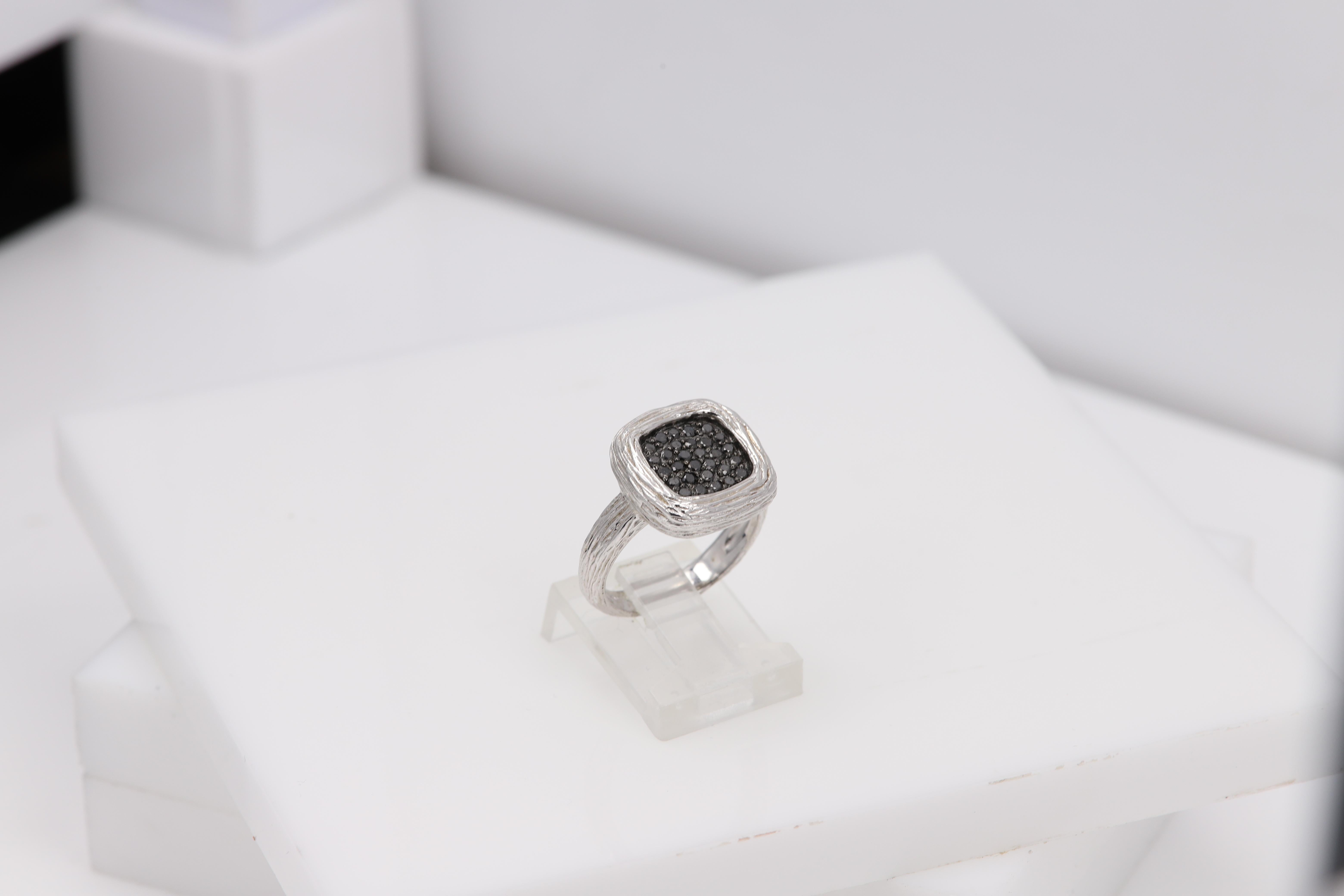 Women's or Men's Black Diamonds Ring Sterling Silver 925 and Black Diamonds Square Cluster Design For Sale