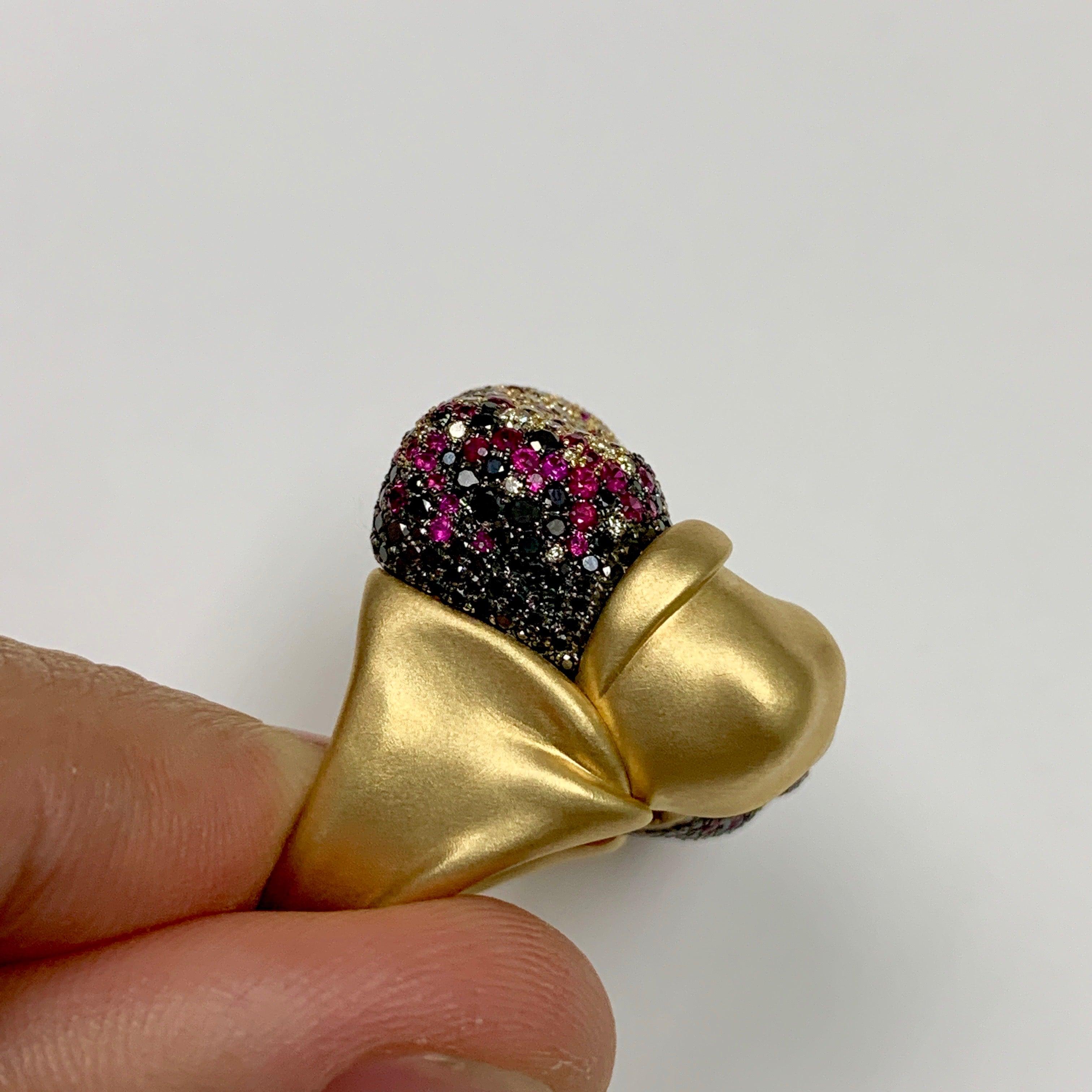 For Sale:  Black Diamonds Ruby Champagne Diamonds 18 Karat Yellow Gold Ring 5