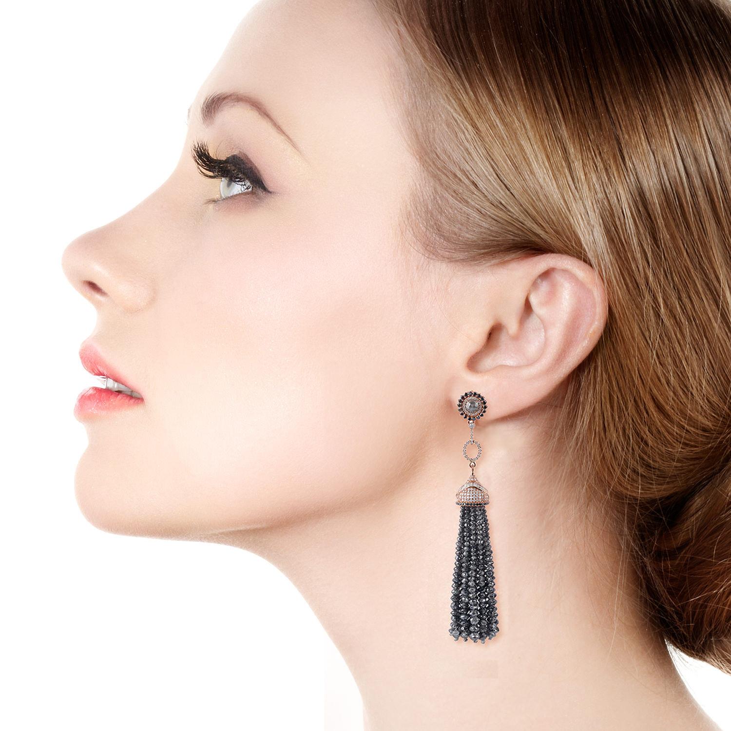 Schwarze Diamanten Quasten-Ohrringe aus 18k Gold (Art déco) im Angebot