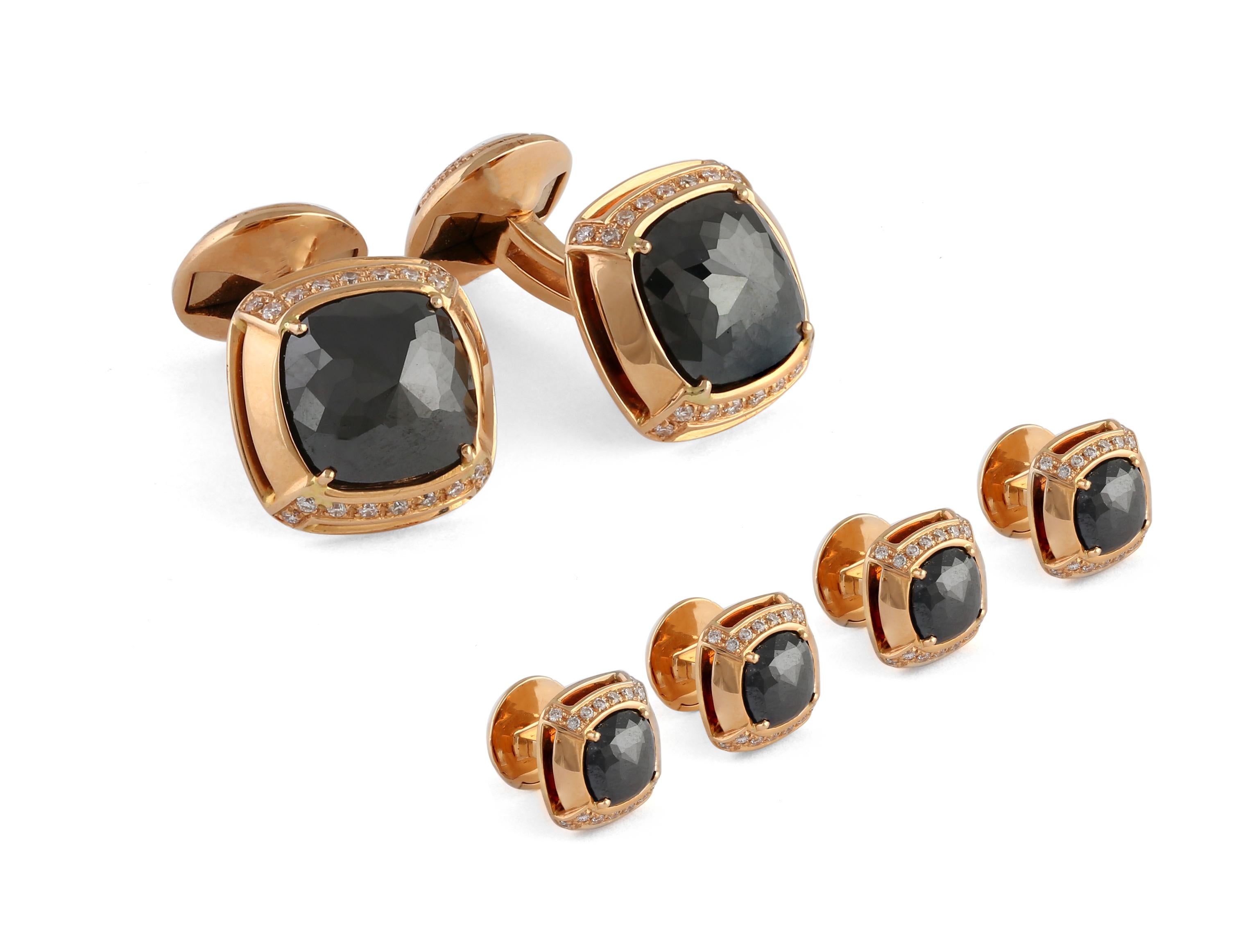 Extraordinary faceted black diamonds have been expertly cut and set within a frame style case, scattered with shining white diamonds to contrast with the deep black colouring of the diamond. A expertly set timeless collection, destined to be passed