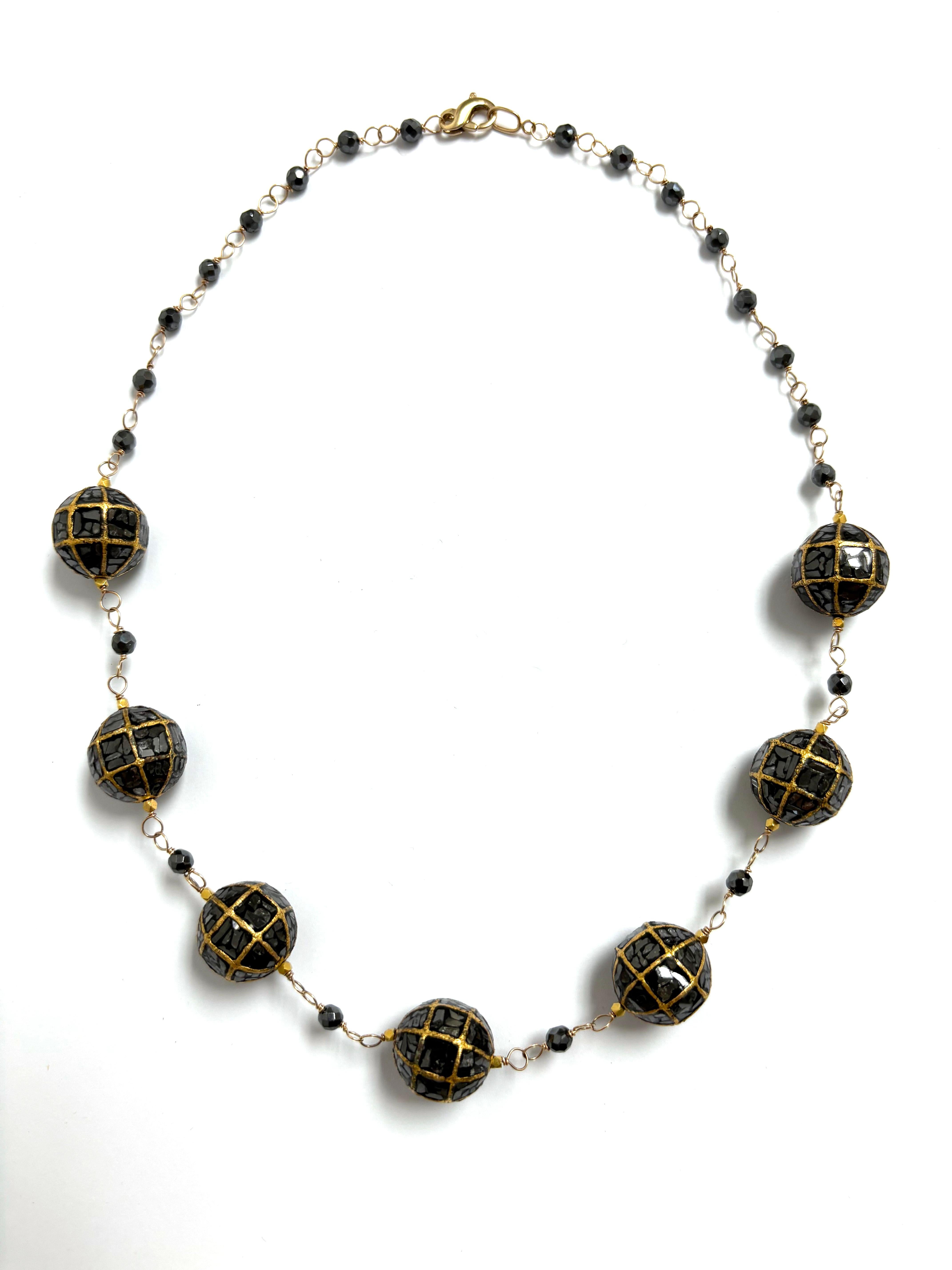 Artisan Black Diamonds with 18k 16mm Balls and Hematite Paradizia Necklace For Sale