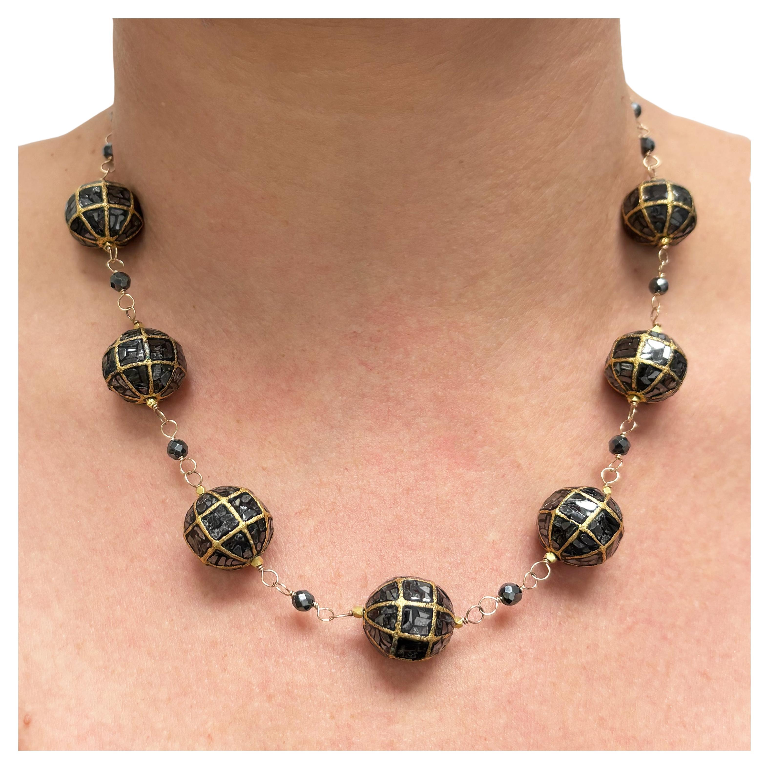 Black Diamonds with 18k 16mm Balls and Hematite Paradizia Necklace For Sale