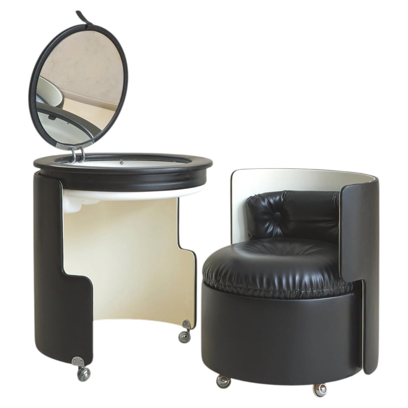 Black Dilly Dally Vanity Table + Stool by Luigi Massoni for Poltrona Frau, 1968