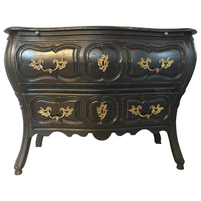 Painted Black Distressed Bombe Commode with Bronze Mounts and Pull-Out Tray Top