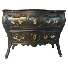 Vintage Black Distressed Bombe Commode with Bronze Mounts and Pull-Out Tray Top