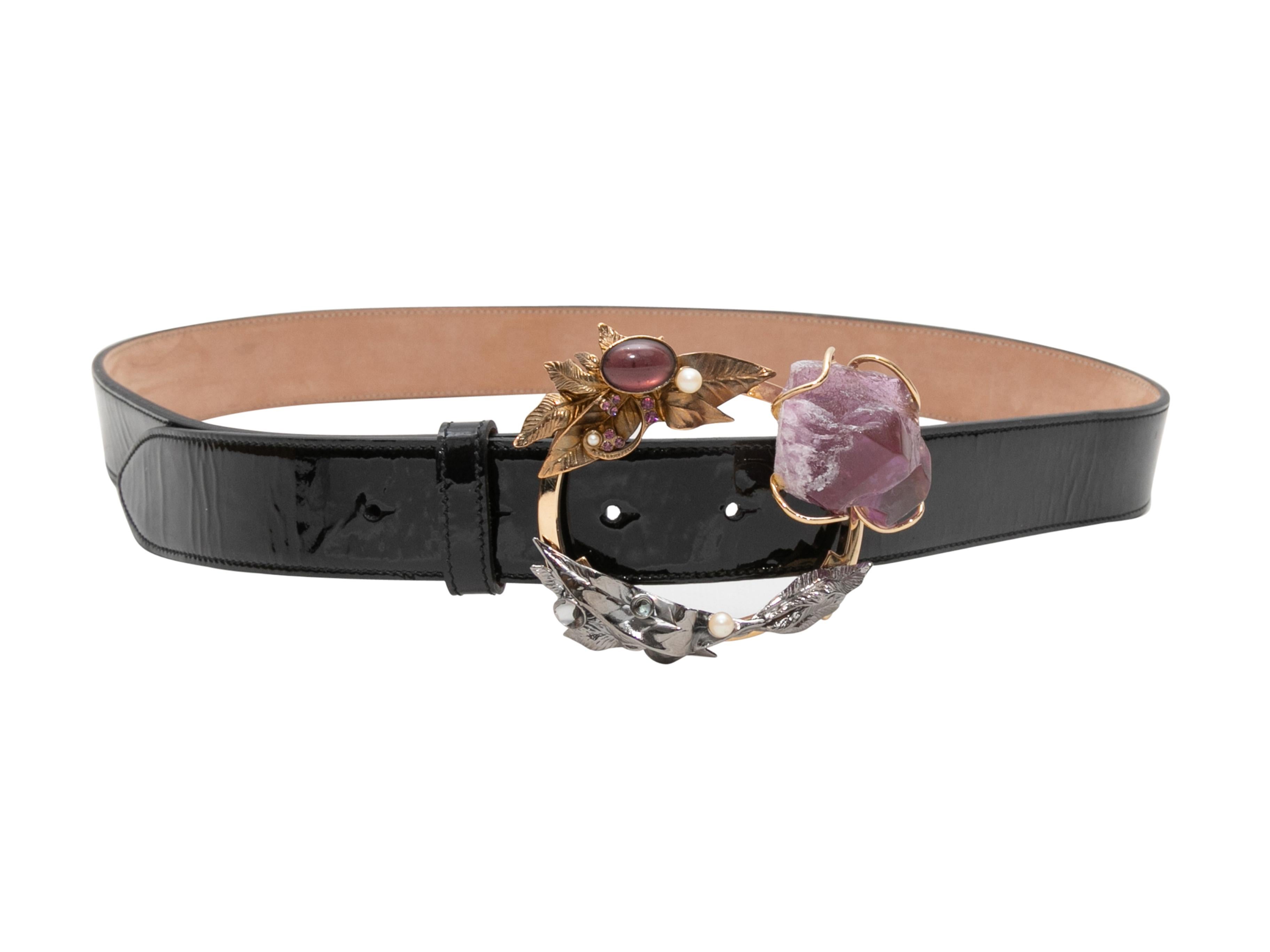 Black patent leather belt by Dolce & Gabbana. Gold-tone gemstone-embellished front buckle closure. 2.5