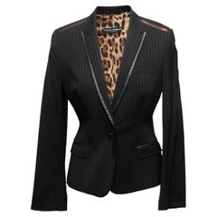 Black Dolce & Gabbana Pinstripe Leather-Trimmed Blazer Size IT 44