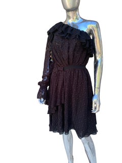 Abito nero Dondup Italy in georgette jacquard, monospalla, con volant e drappeggi, taglia 6/8