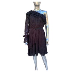 Abito nero Dondup Italy in georgette jacquard, monospalla, con volant e drappeggi, taglia 6/8