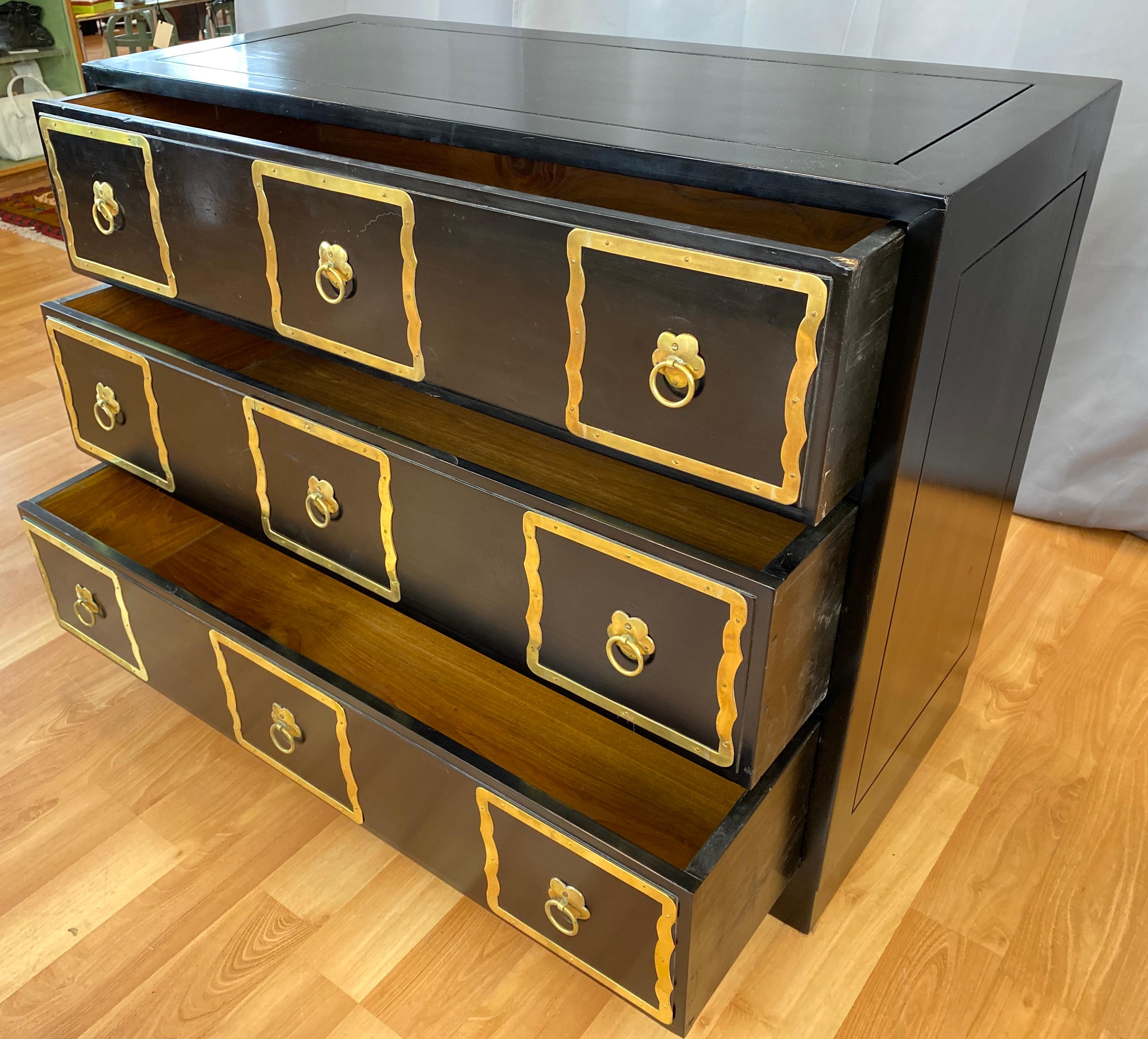 Black Dorothy Draper Style Espana Dresser with Brass Handle Frames For Sale 4
