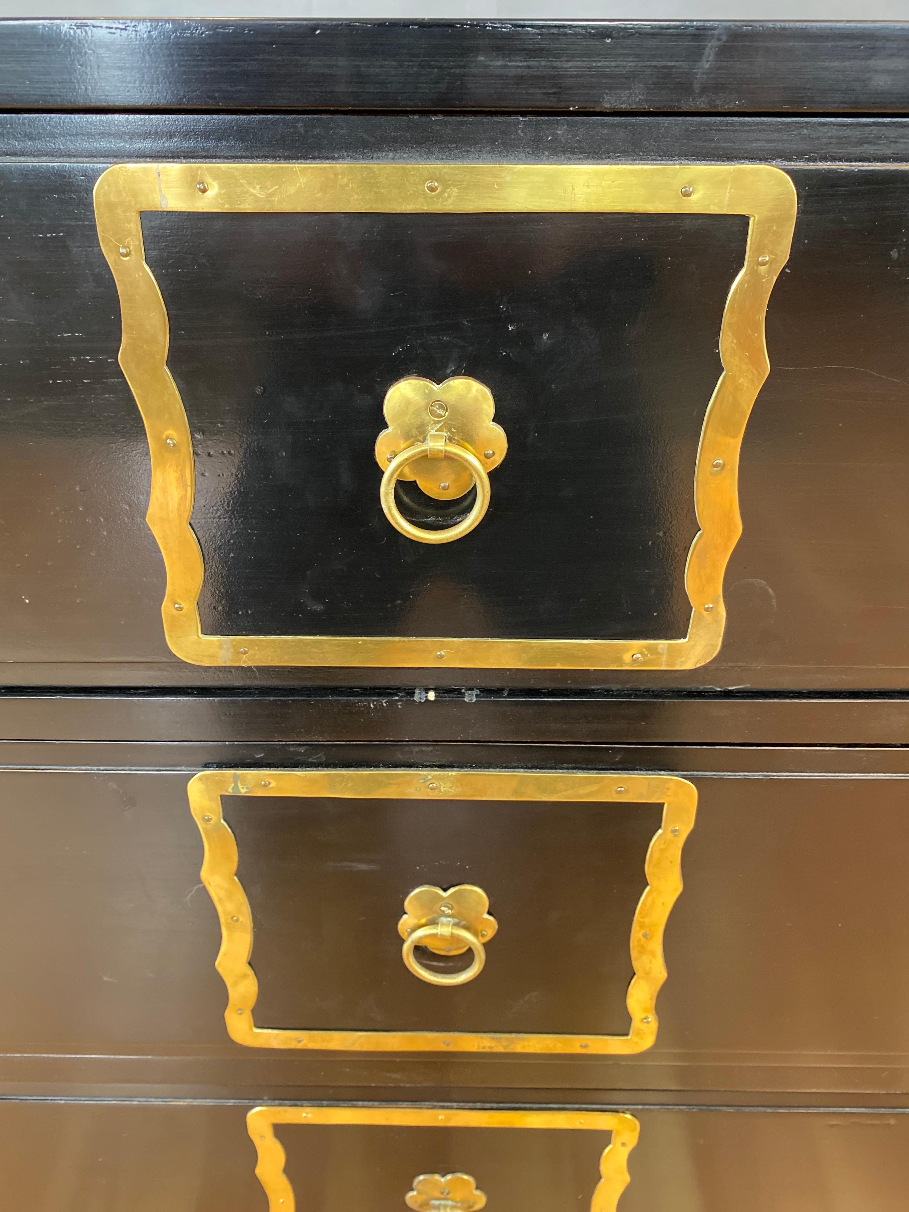 Black Dorothy Draper Style Espana Dresser with Brass Handle Frames For Sale 6