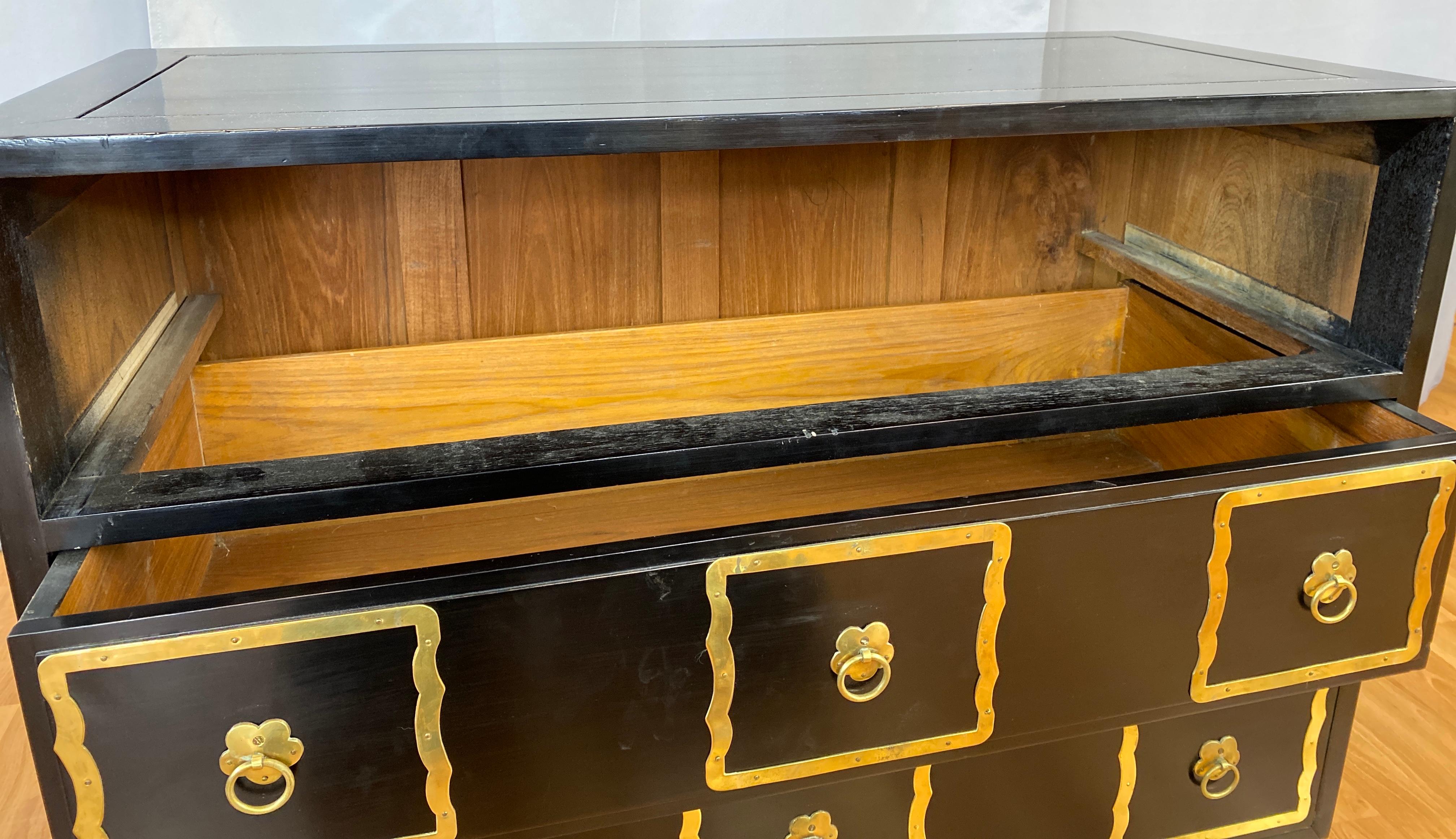 Black Dorothy Draper Style Espana Dresser with Brass Handle Frames For Sale 13