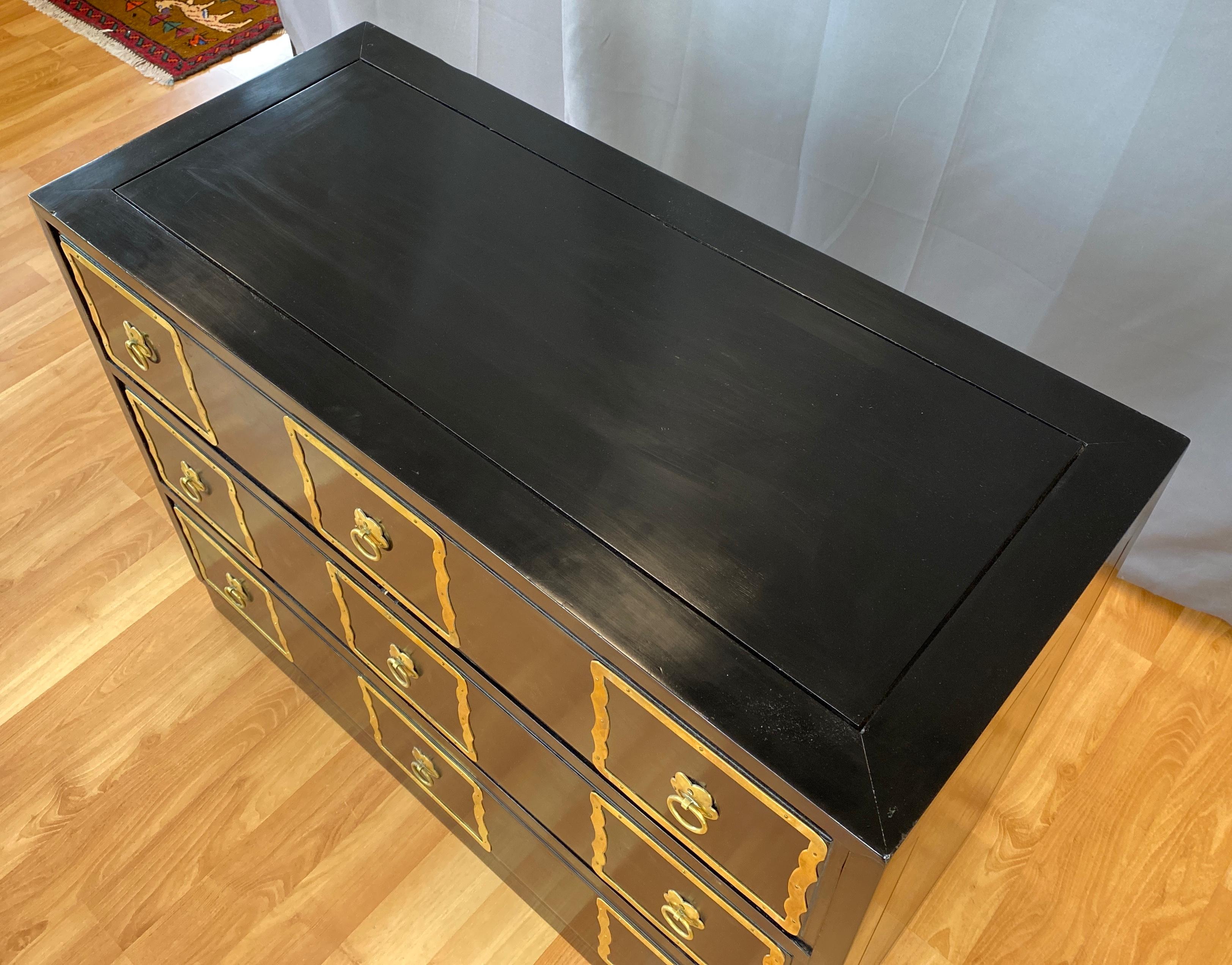 Black Dorothy Draper Style Espana Dresser with Brass Handle Frames In Good Condition For Sale In San Francisco, CA
