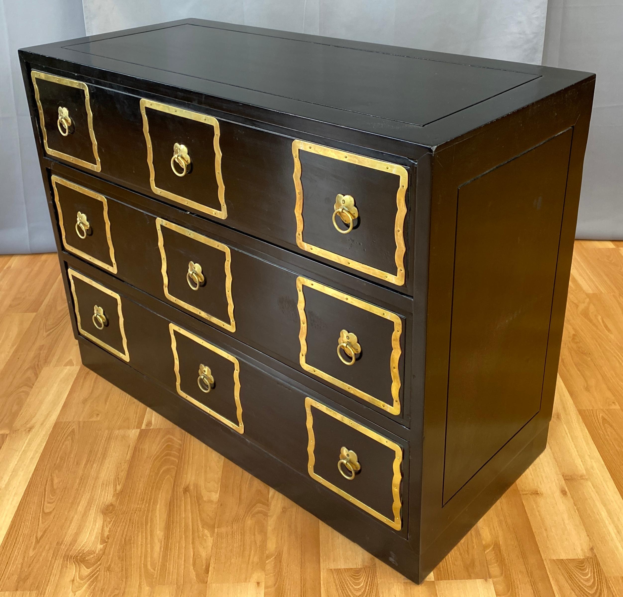 Wood Black Dorothy Draper Style Espana Dresser with Brass Handle Frames For Sale