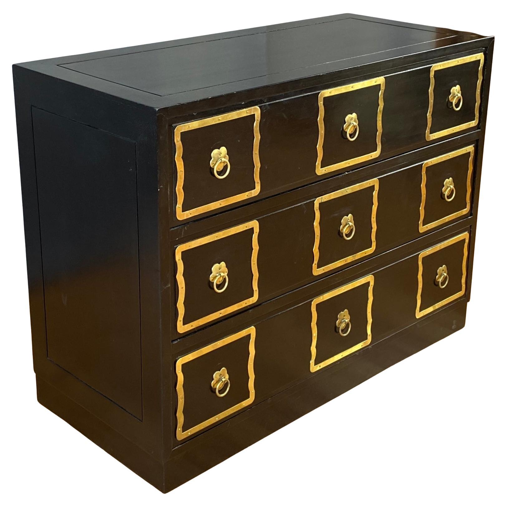 Black Dorothy Draper Style Espana Dresser with Brass Handle Frames