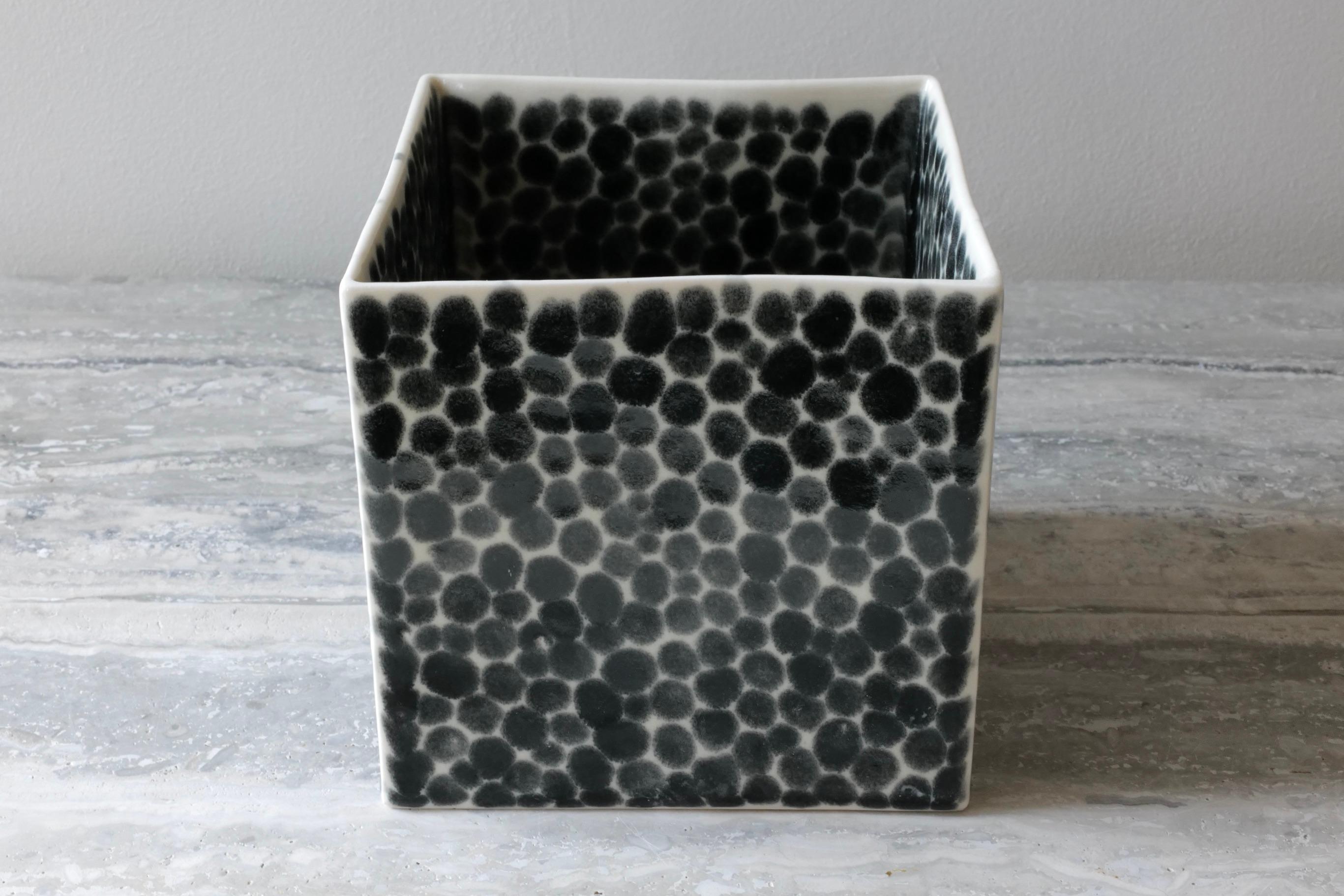 Minimalist Black Dots Porcelain Cube Vase by Lana Kova For Sale