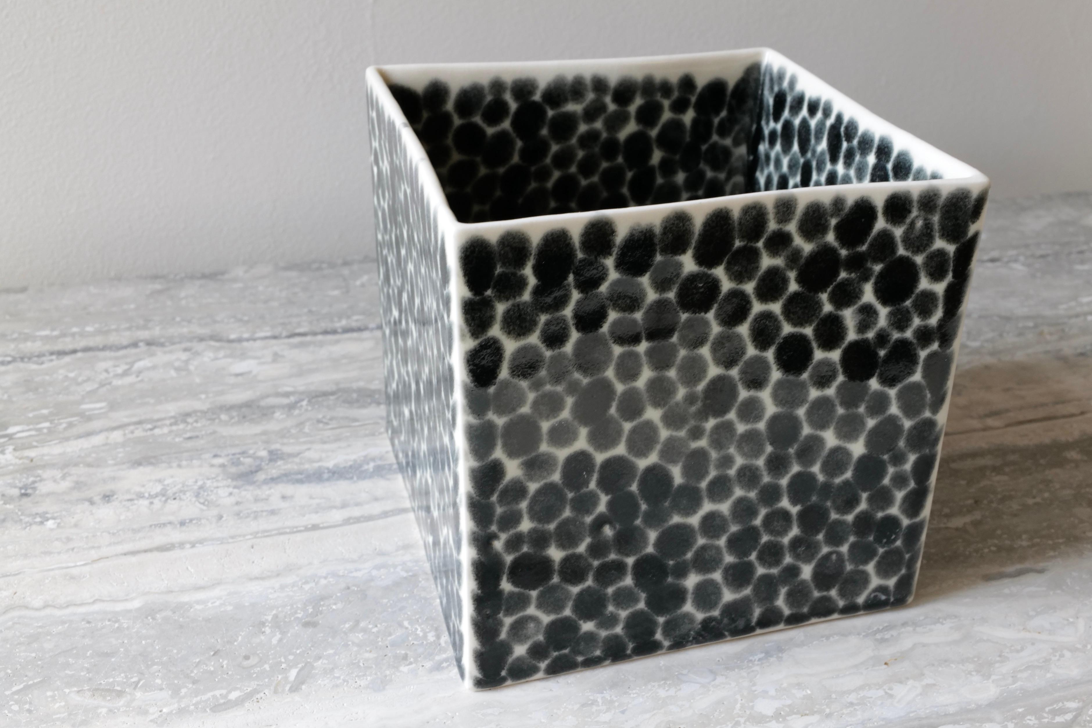 Cast Black Dots Porcelain Cube Vase by Lana Kova For Sale