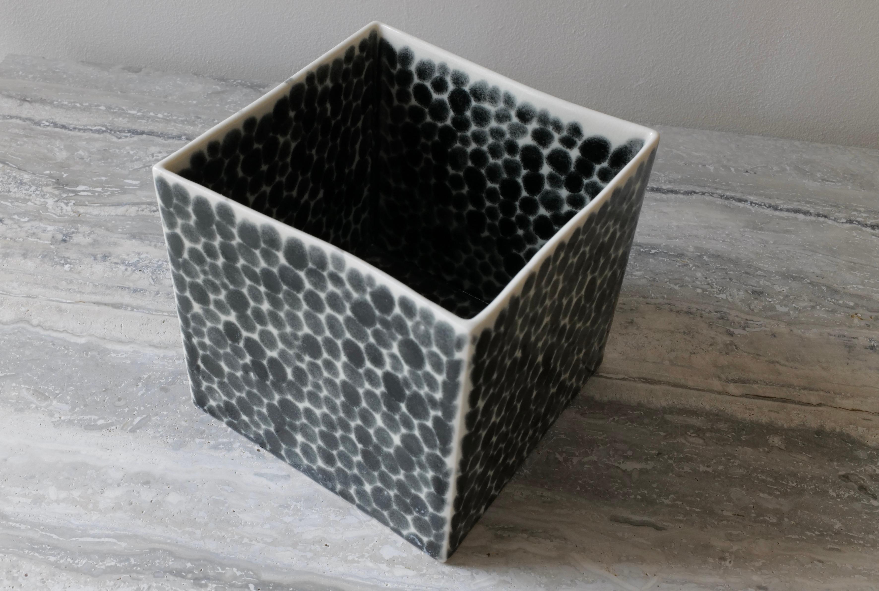 Ceramic Black Dots Porcelain Cube Vase by Lana Kova For Sale