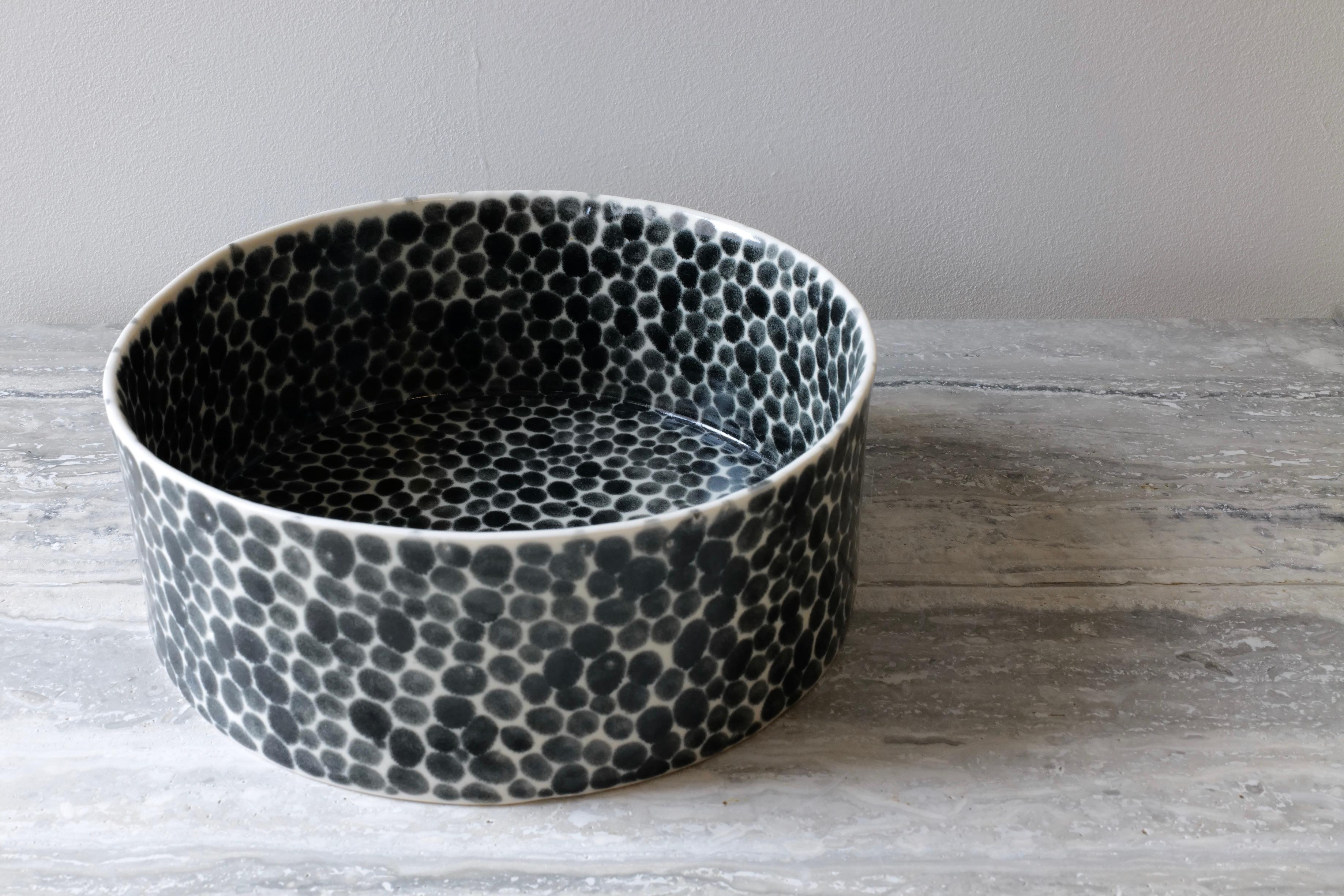 Cast Black Dots Wide Porcelain Bowl by Lana Kova