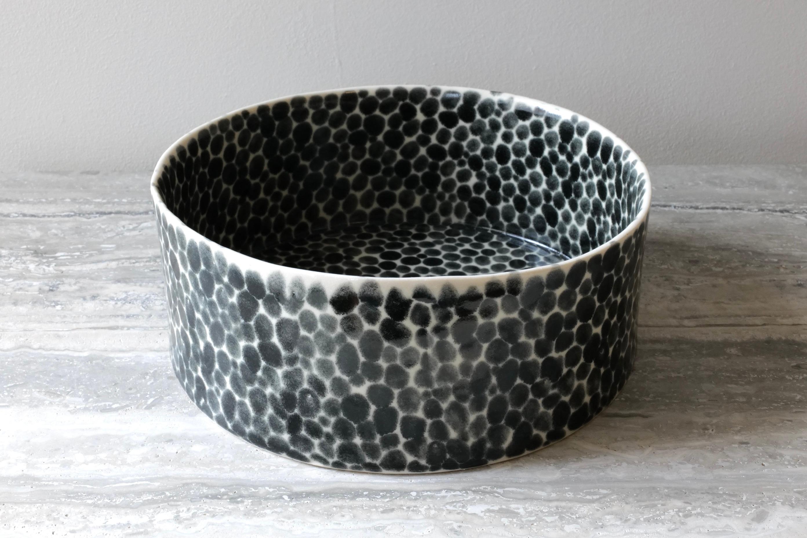 Contemporary Black Dots Wide Porcelain Bowl by Lana Kova