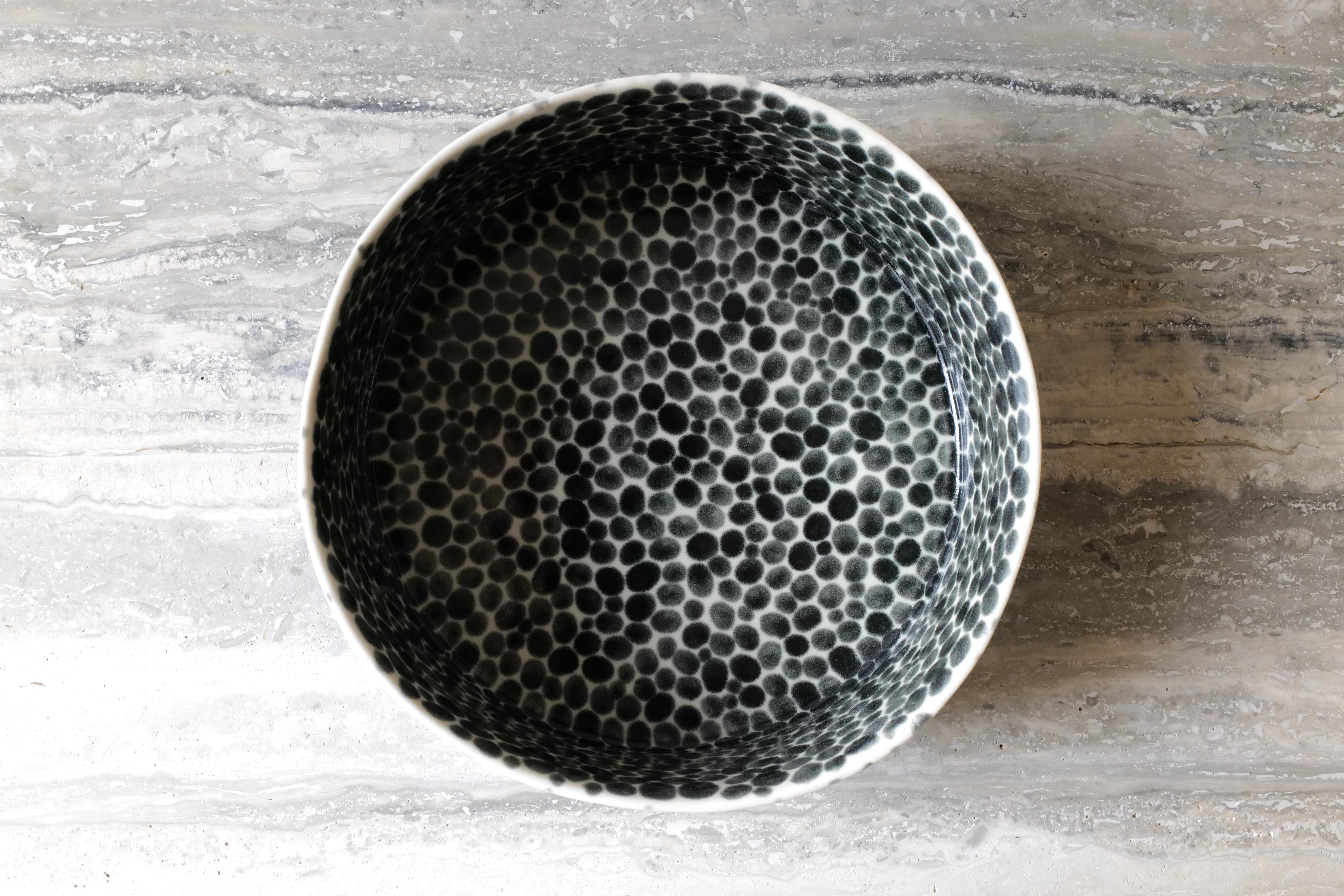 Ceramic Black Dots Wide Porcelain Bowl by Lana Kova