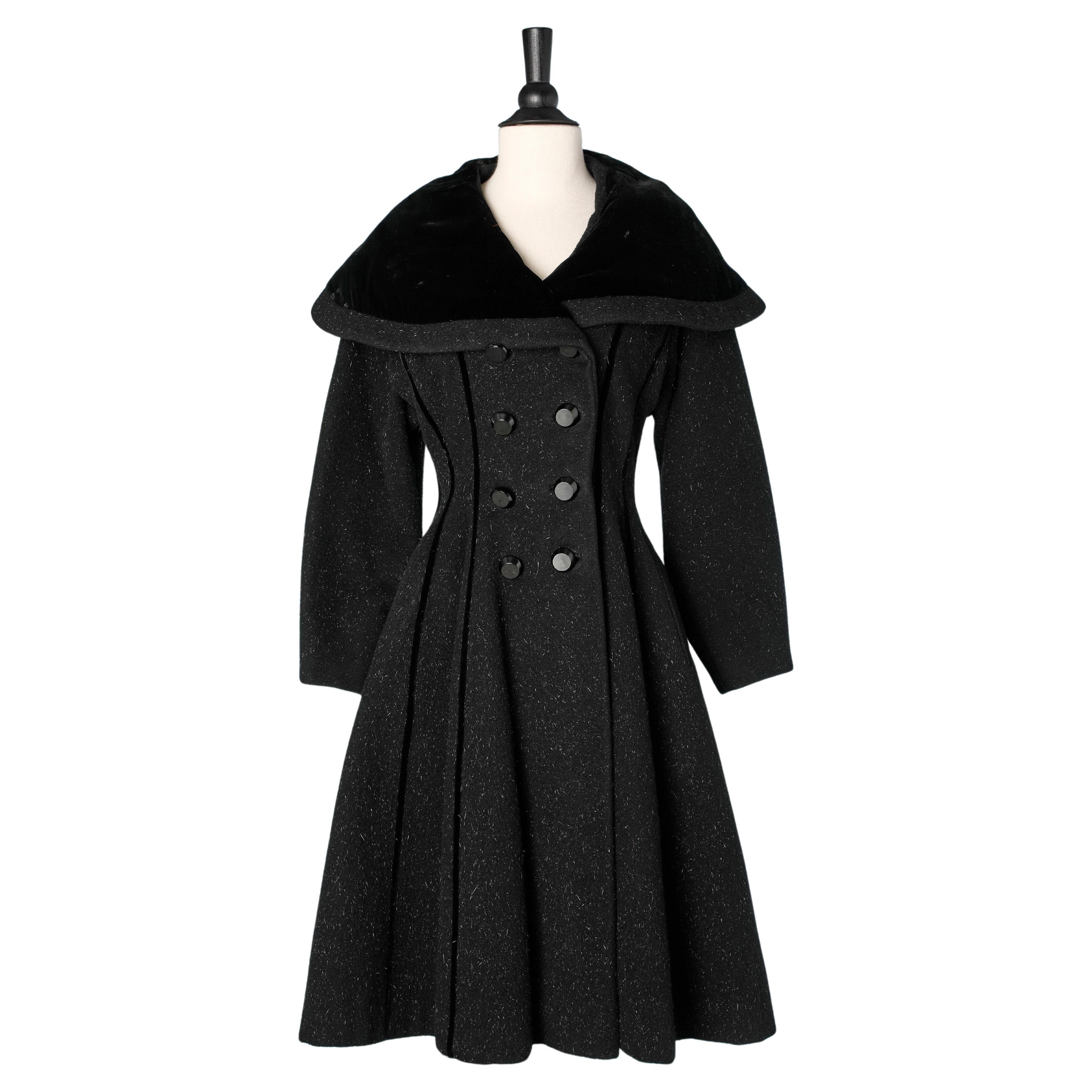 Manteau noir à double boutonnage et col en velours The Lilli Ann Circa 1940's 