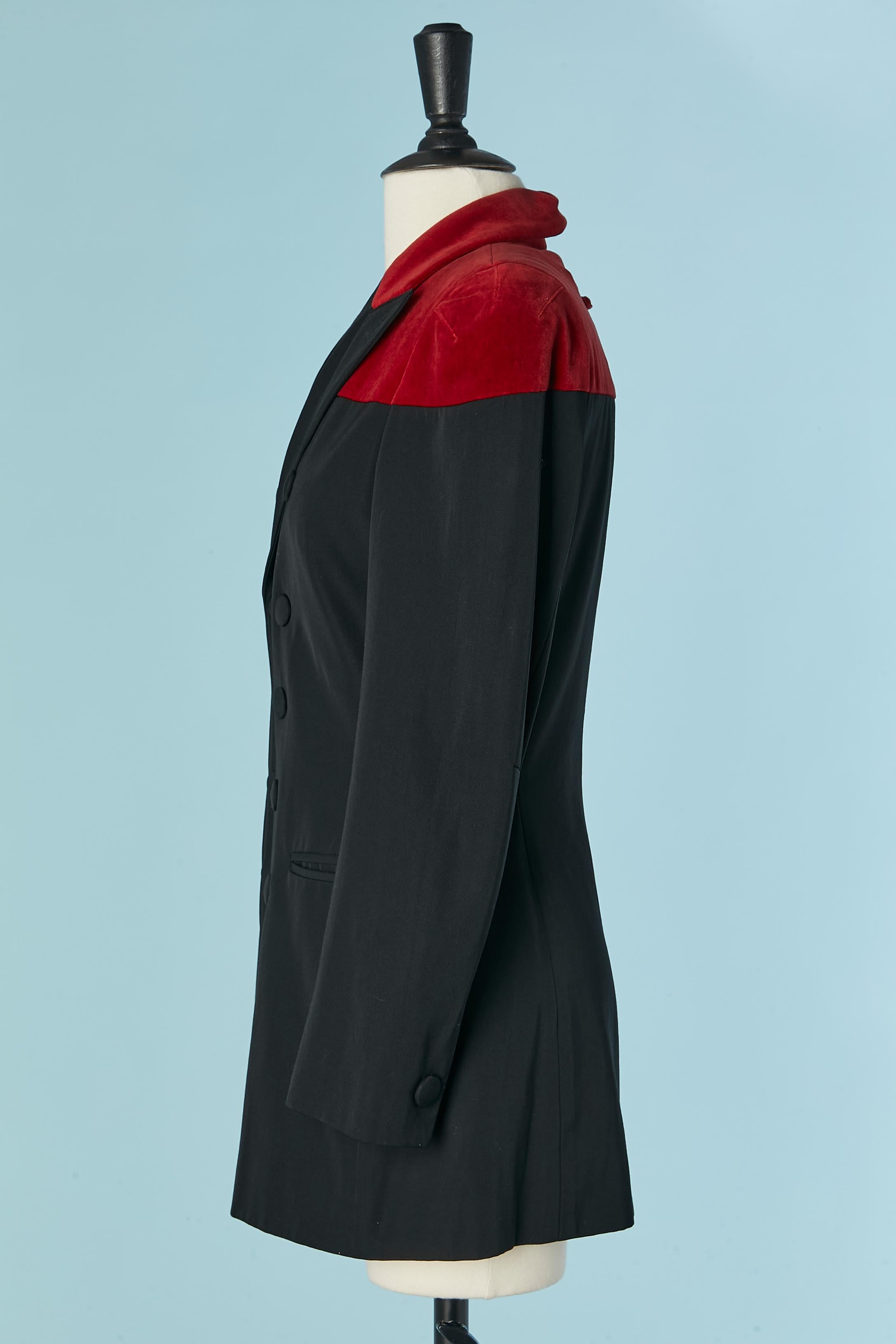 Donna Giacca doppiopetto nera con spalla in velluto rosso Jean Paul Gaultier in vendita
