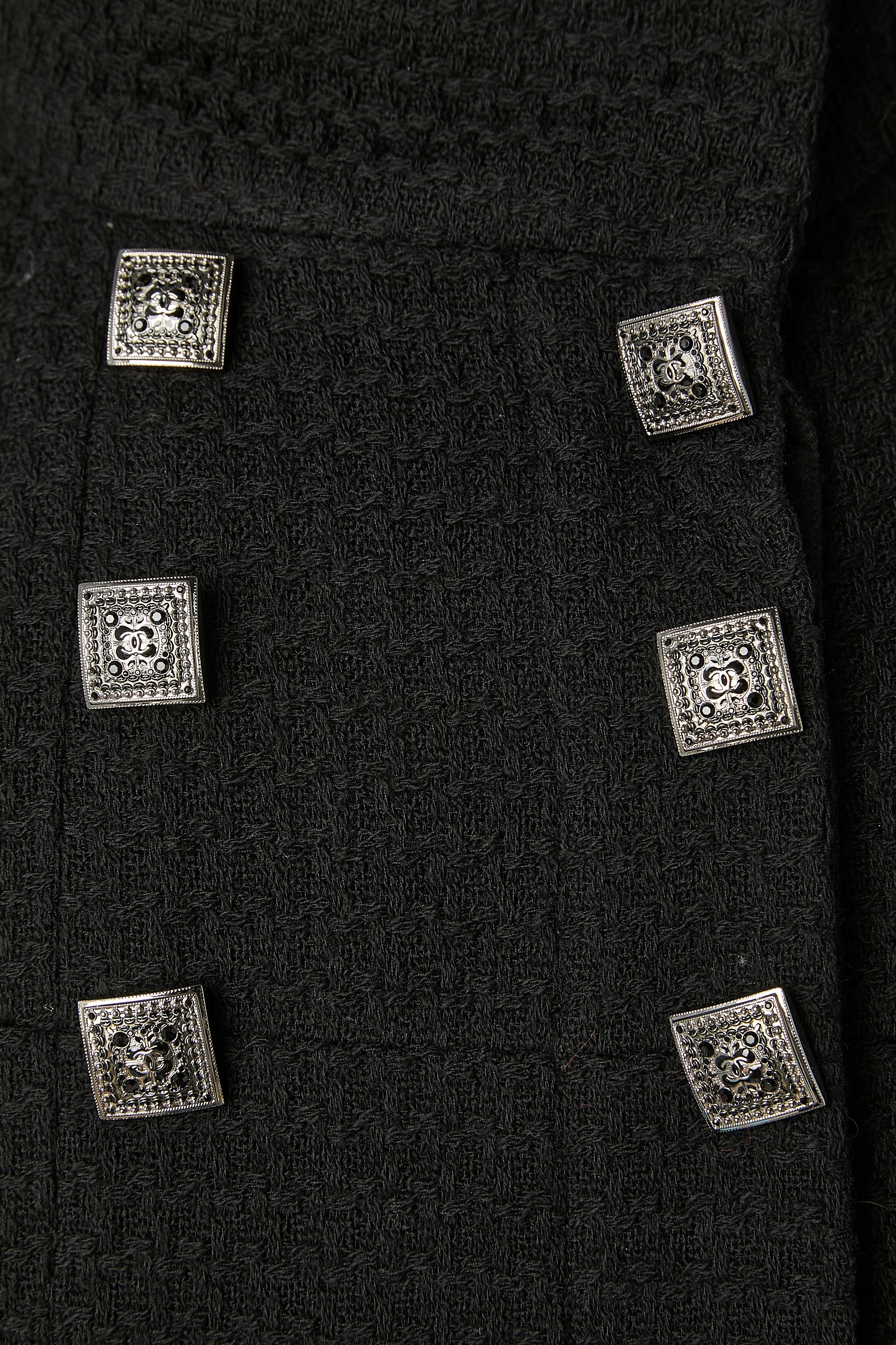 Black double-breasted tweed evening coat with branded rhinestone buttons Chanel  In Excellent Condition In Saint-Ouen-Sur-Seine, FR