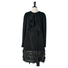 Black double-breasted wool and cashmere coat with leather flowers Valentino 