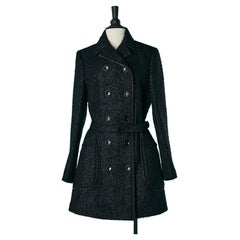 Black double-breasted wool bouclette coat with leather piping John Galliano 