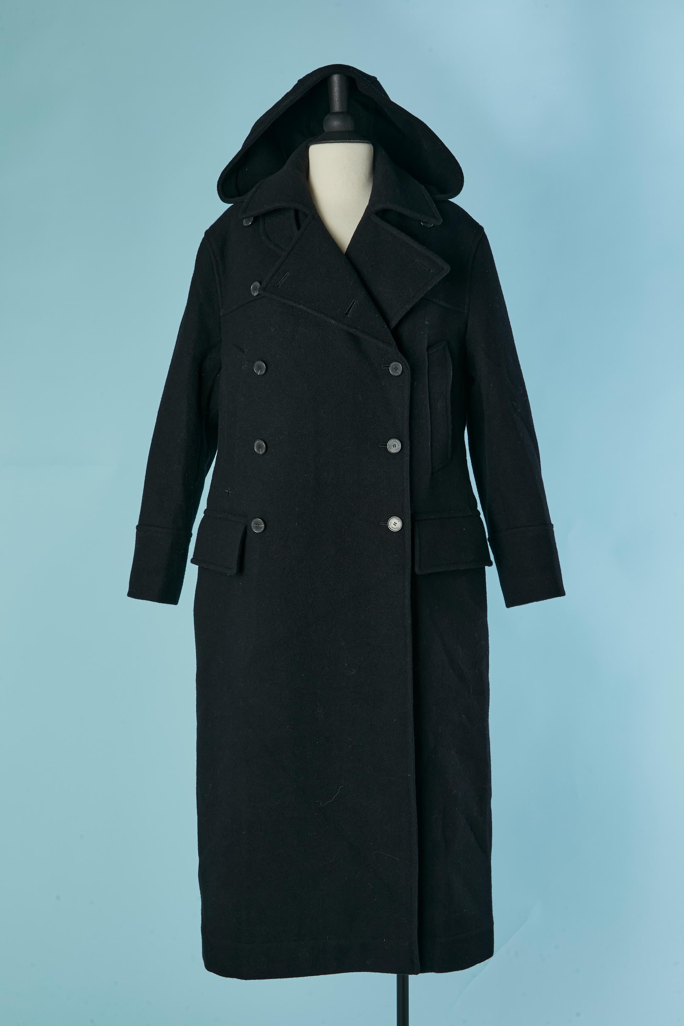 Noir Black double breasted wool coat with hood  CHRISTIAN DIOR en vente