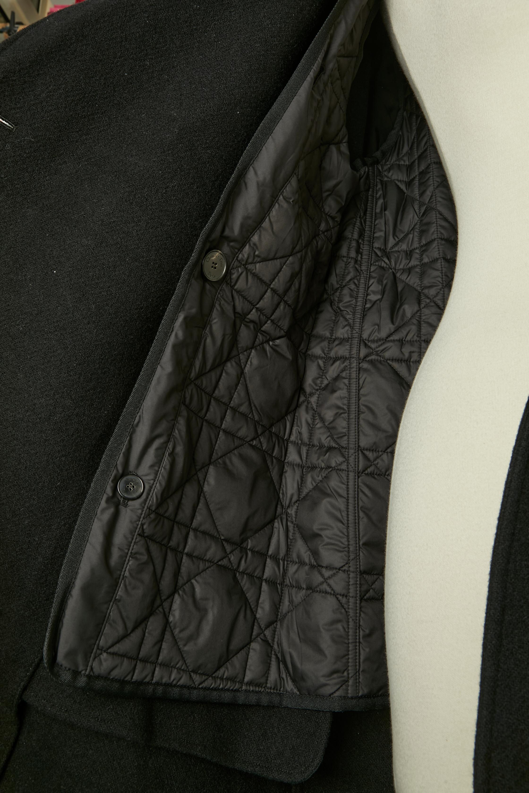 Black double breasted wool coat with hood  CHRISTIAN DIOR en vente 4