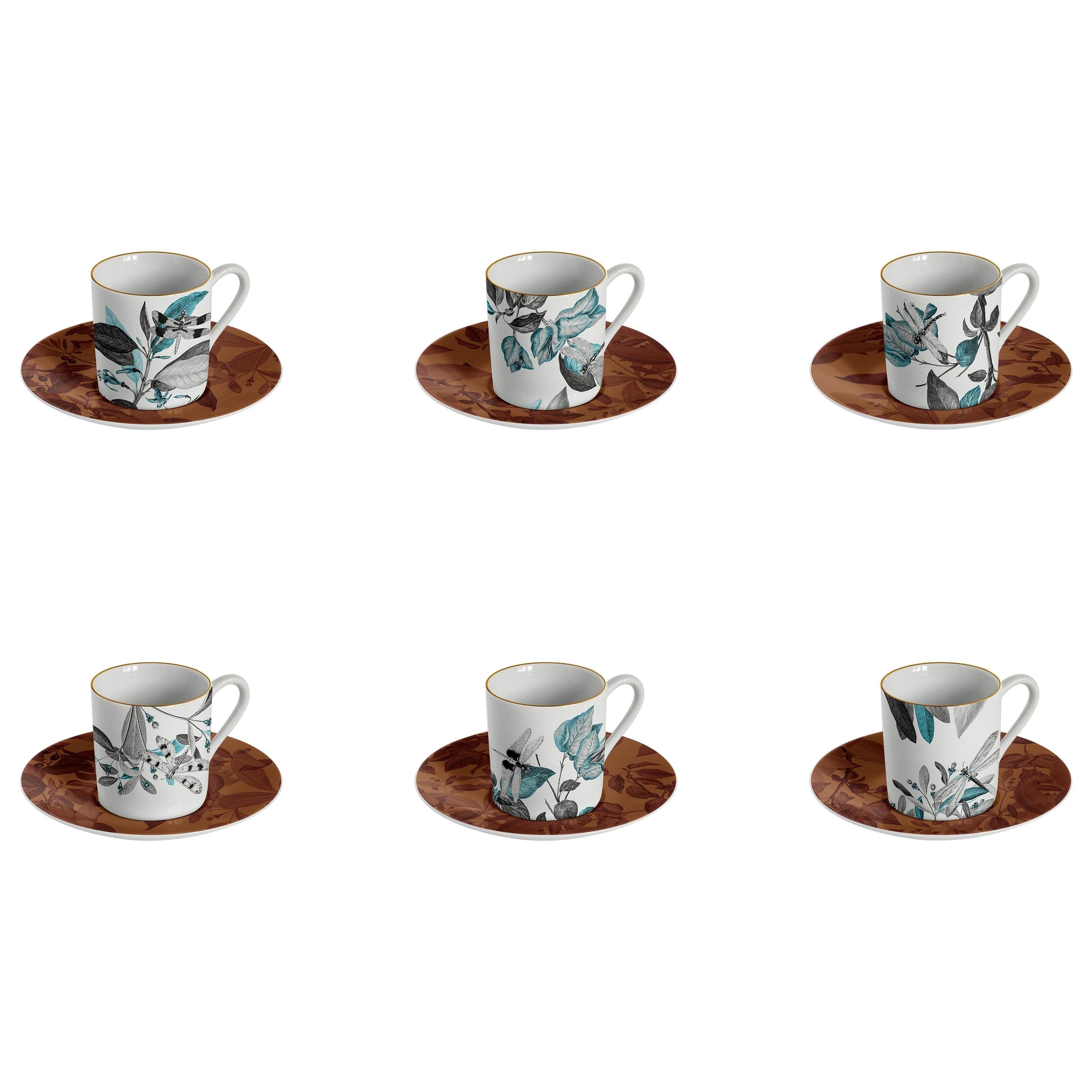 Schwarzer Drache, Kaffee-Set mit sechs zeitgenössischen Porzellanstücken mit dekorativem Design