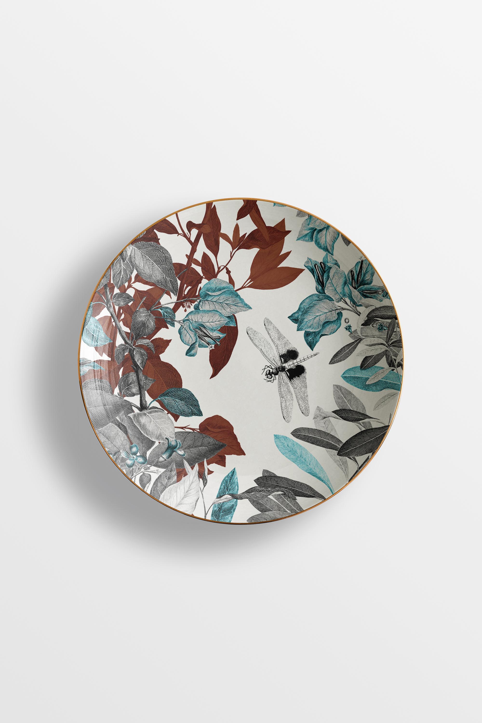Italian Black Dragon, Six Contemporary Porcelain soup plates with Decorative Design For Sale