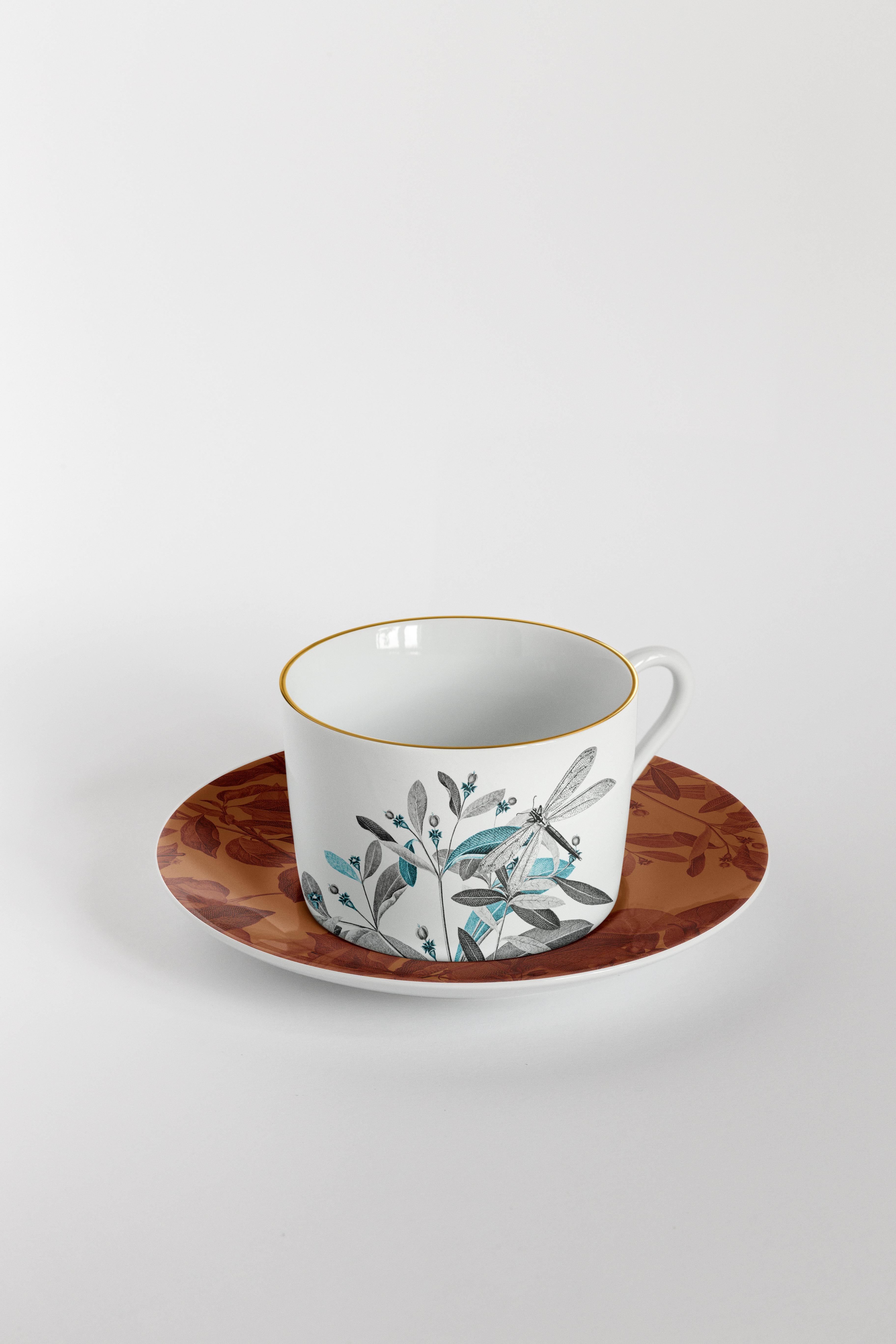 Italian Black Dragon, Tea Set with Six Contemporary Porcelains with Decorative Design For Sale