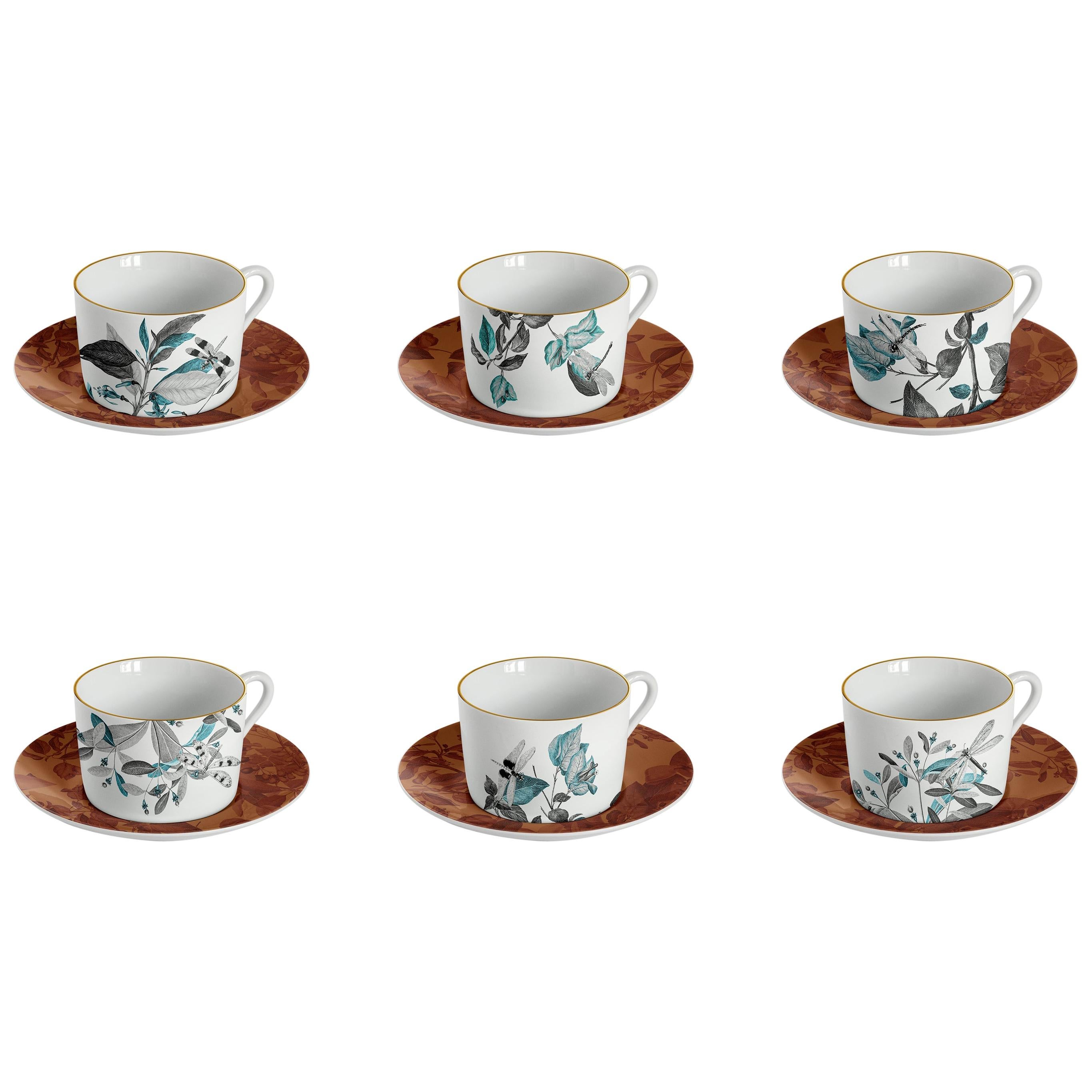 Black Dragon, Tea Set with Six Contemporary Porcelains with Decorative Design For Sale