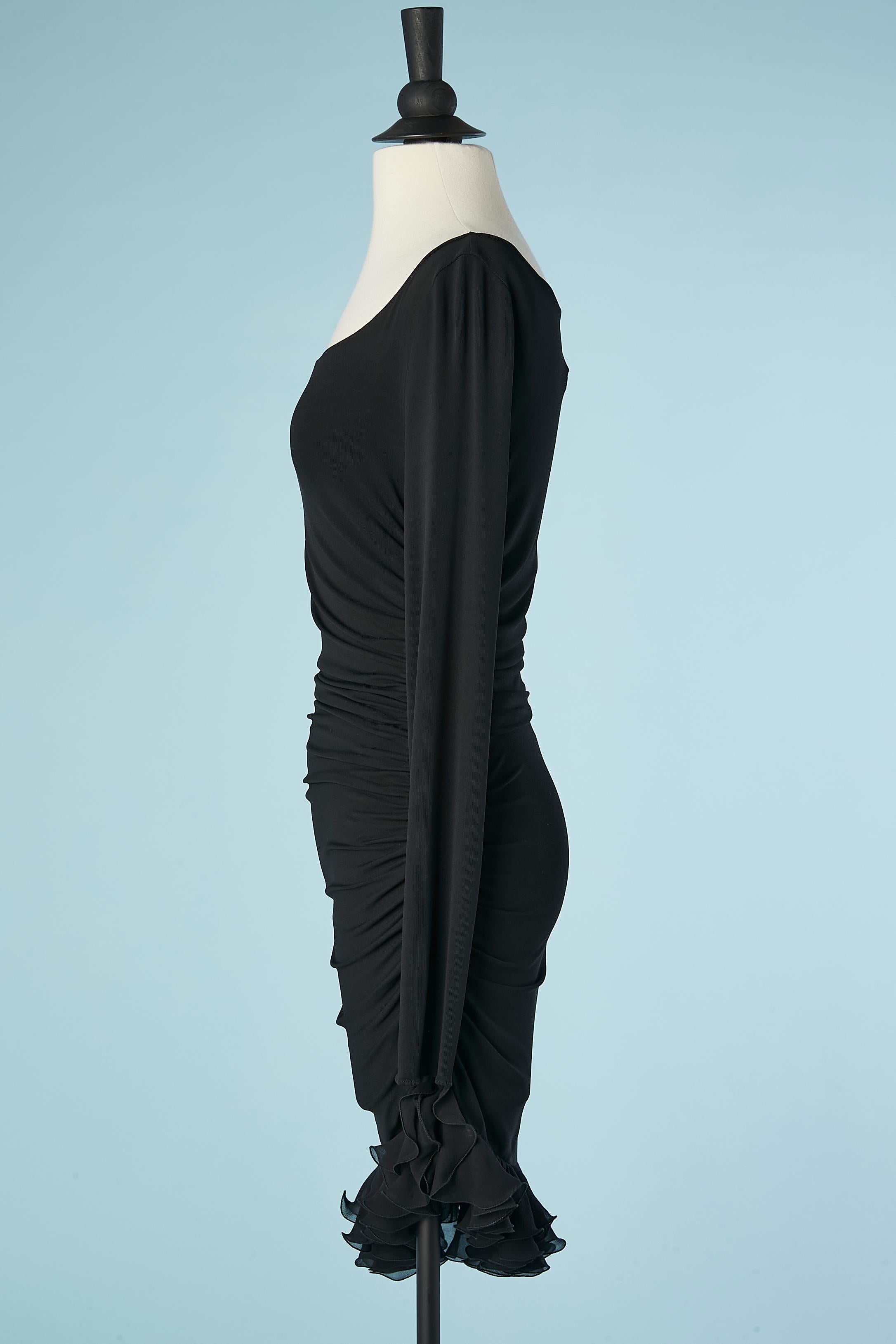 Women's Black drape jersey cocktail dress with silk chiffon ruffles Emanuel Ungaro 
